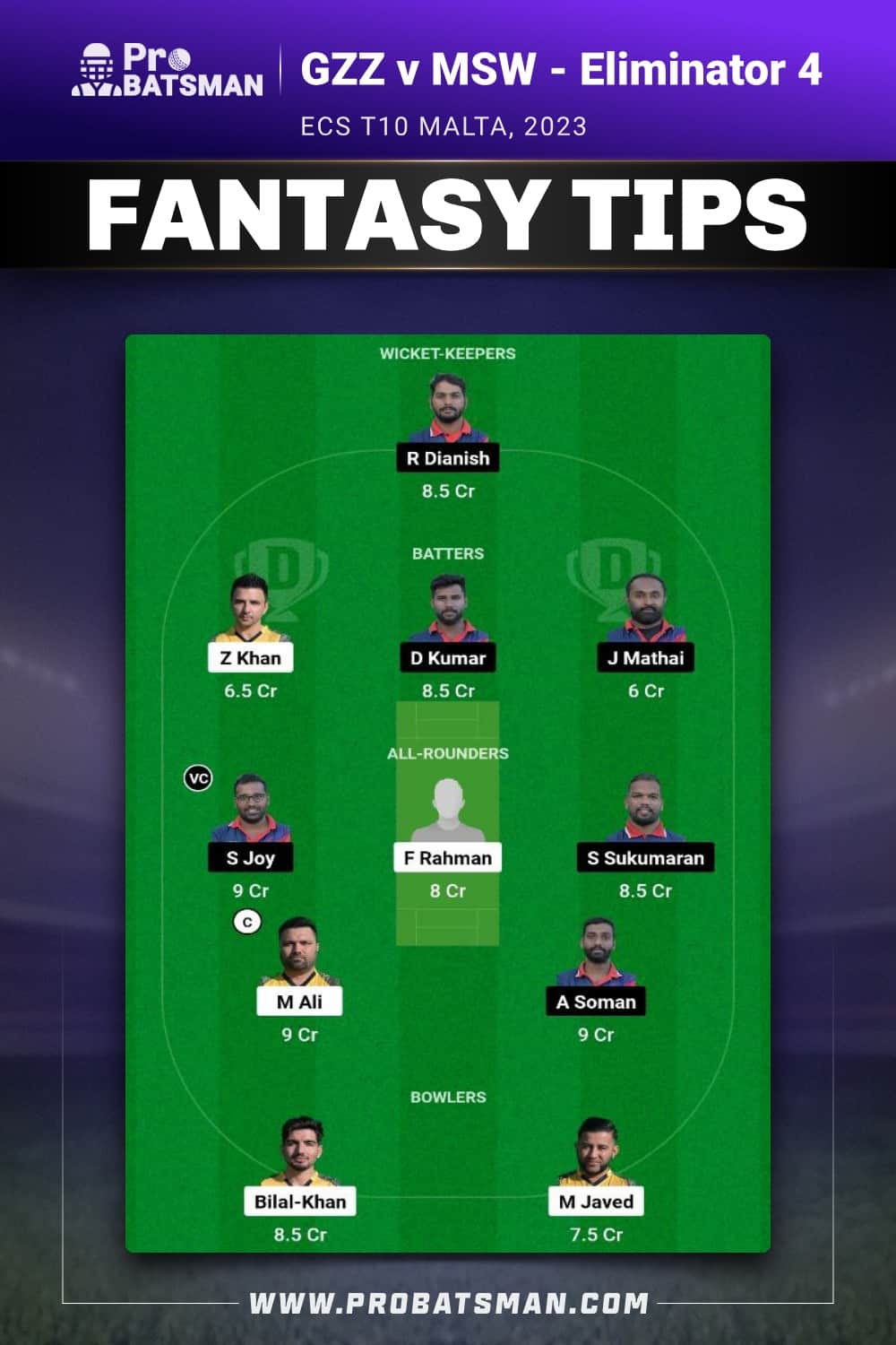 GZZ vs MSW Dream11 Prediction - Fantasy Team 1