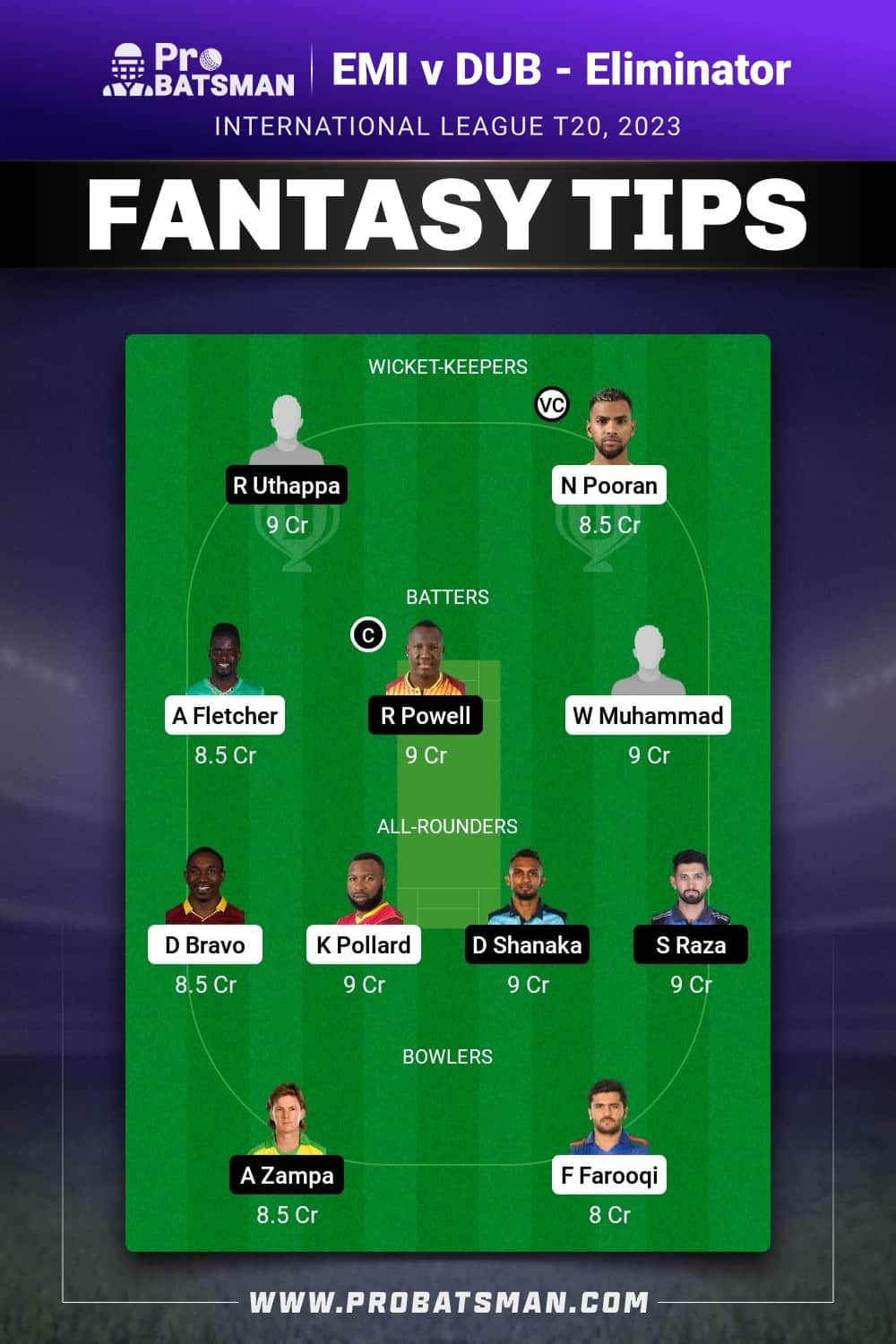 EMI vs DUB Dream11 Prediction - Fantasy Team 1