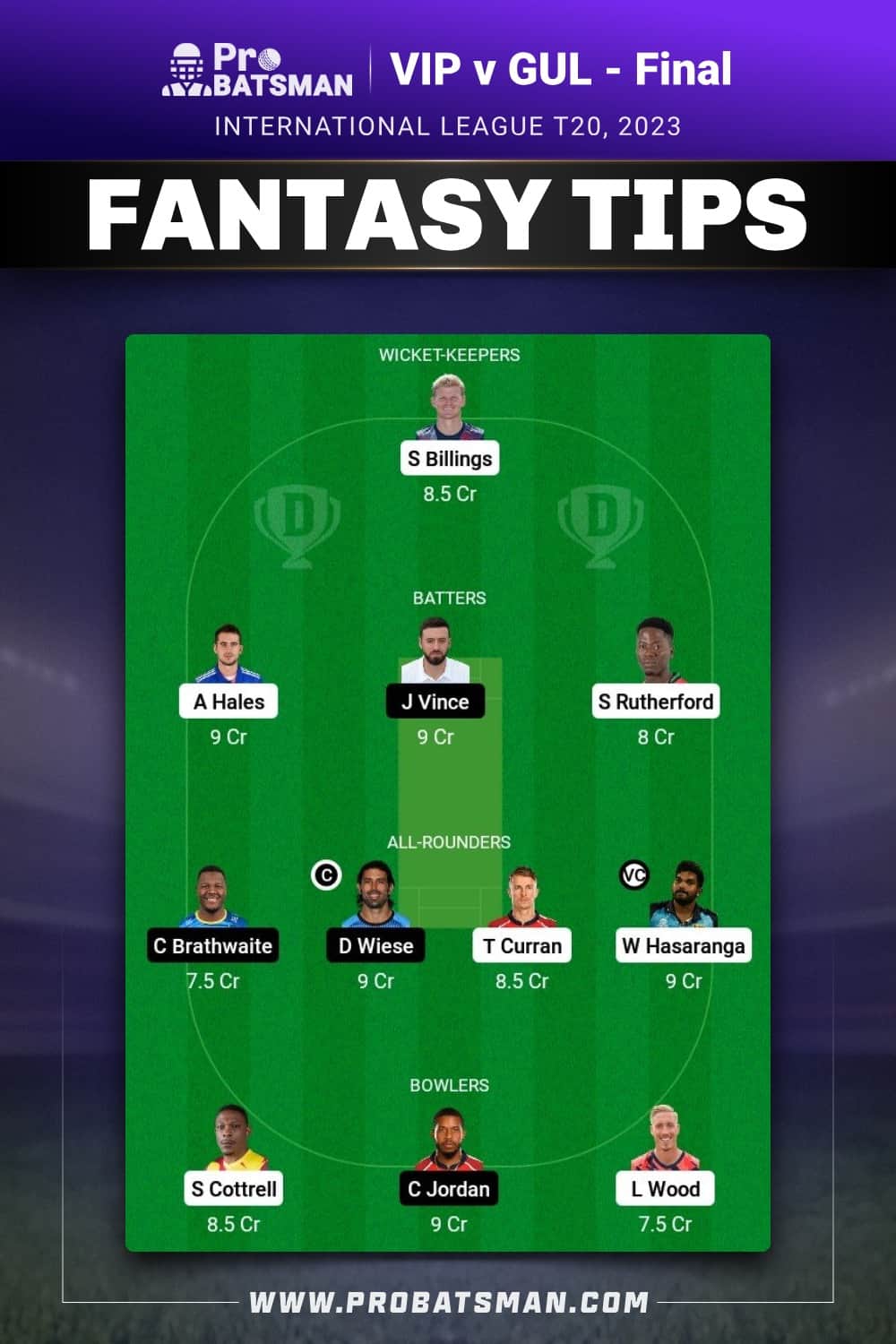 VIP vs GUL Dream11 Prediction - Fantasy Team 1