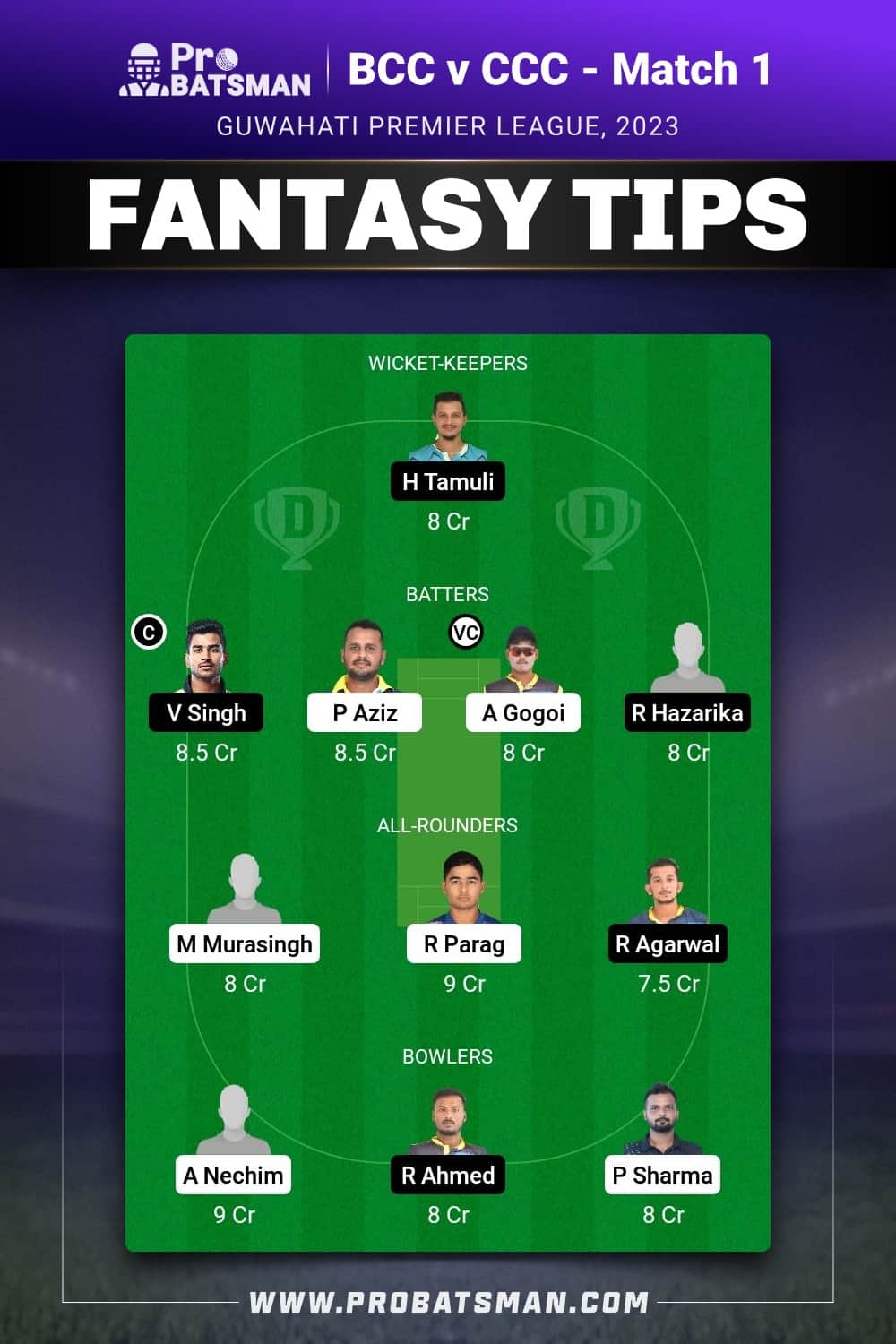BCC vs CCC Dream11 Prediction With Stats, Pitch Report & Player Record of Guwahati Premier League, 2023 For Match 1