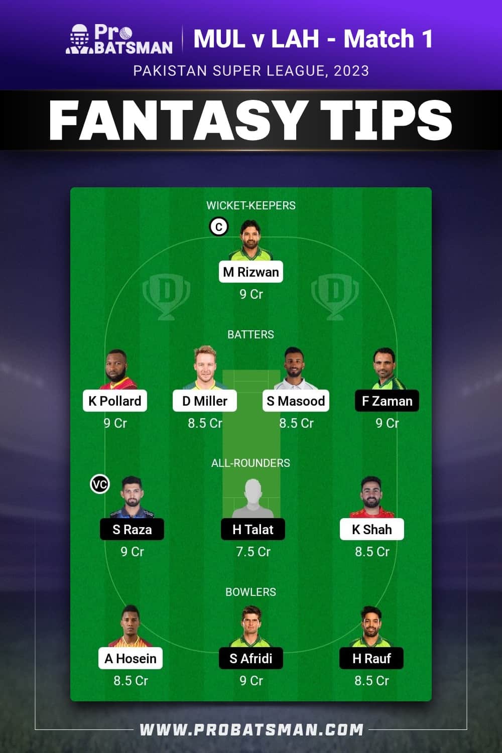 MUL vs LAH Dream11 Prediction - Fantasy Team 1