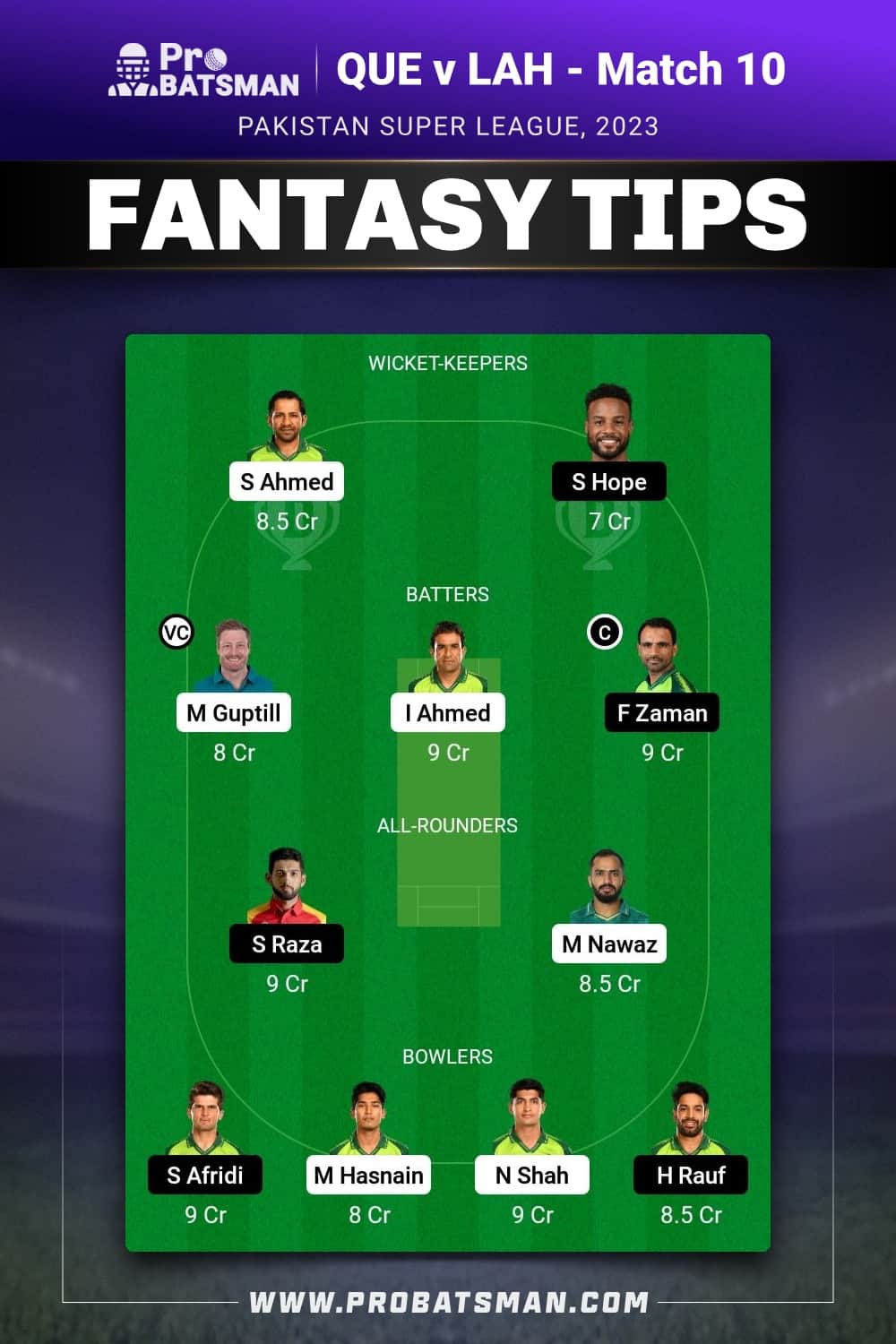 QUE vs LAH Dream11 Prediction - Fantasy Team 1 QUE vs LAH Dream11 Prediction - Fantasy Team 1