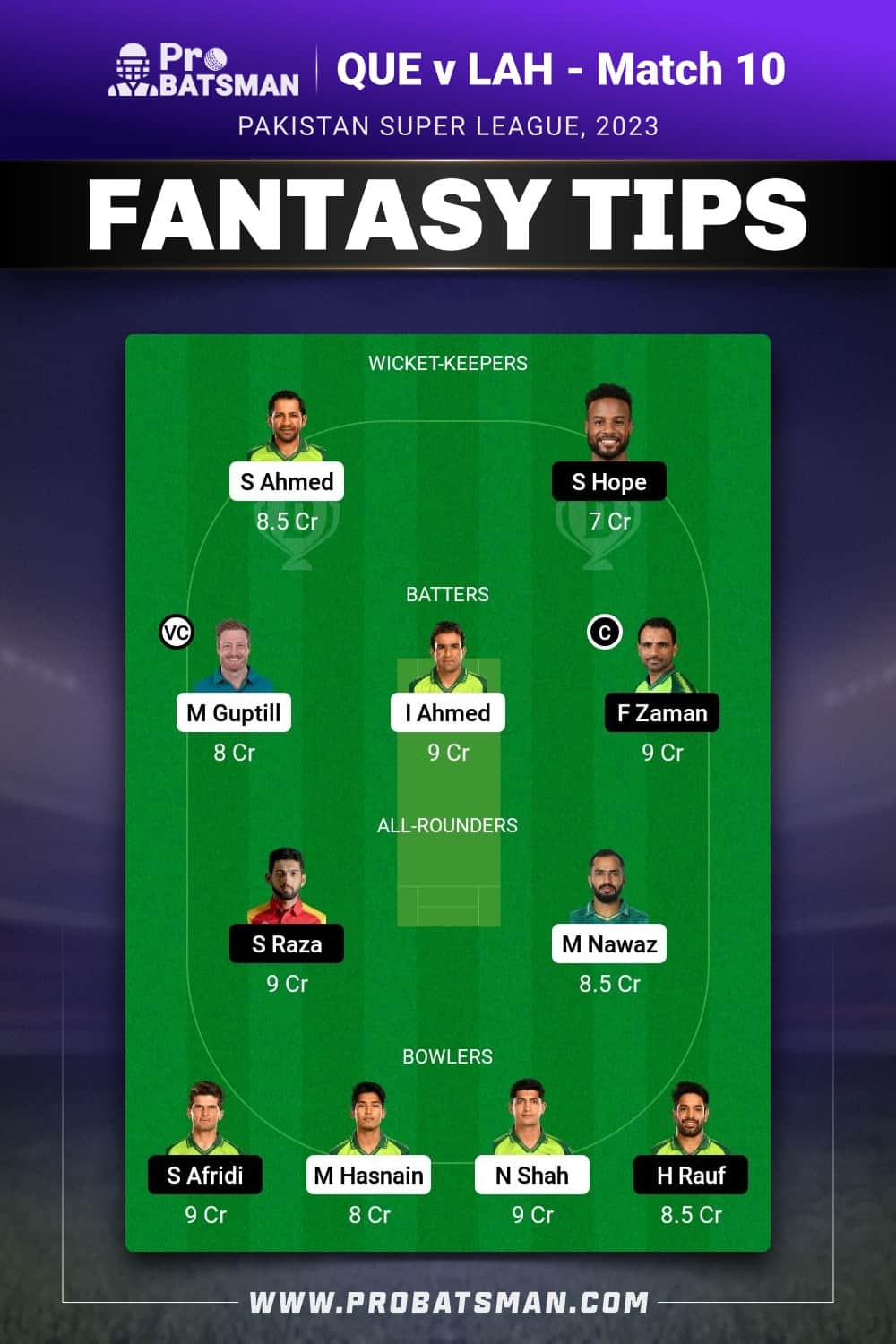 QUE vs LAH Dream11 Prediction - Fantasy Team 1