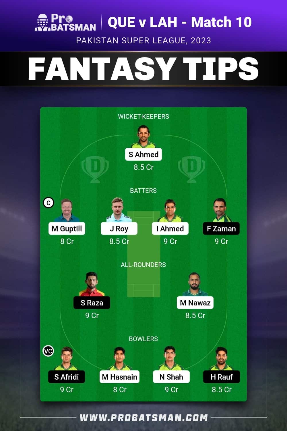 QUE vs LAH Dream11 Prediction - Fantasy Team 2