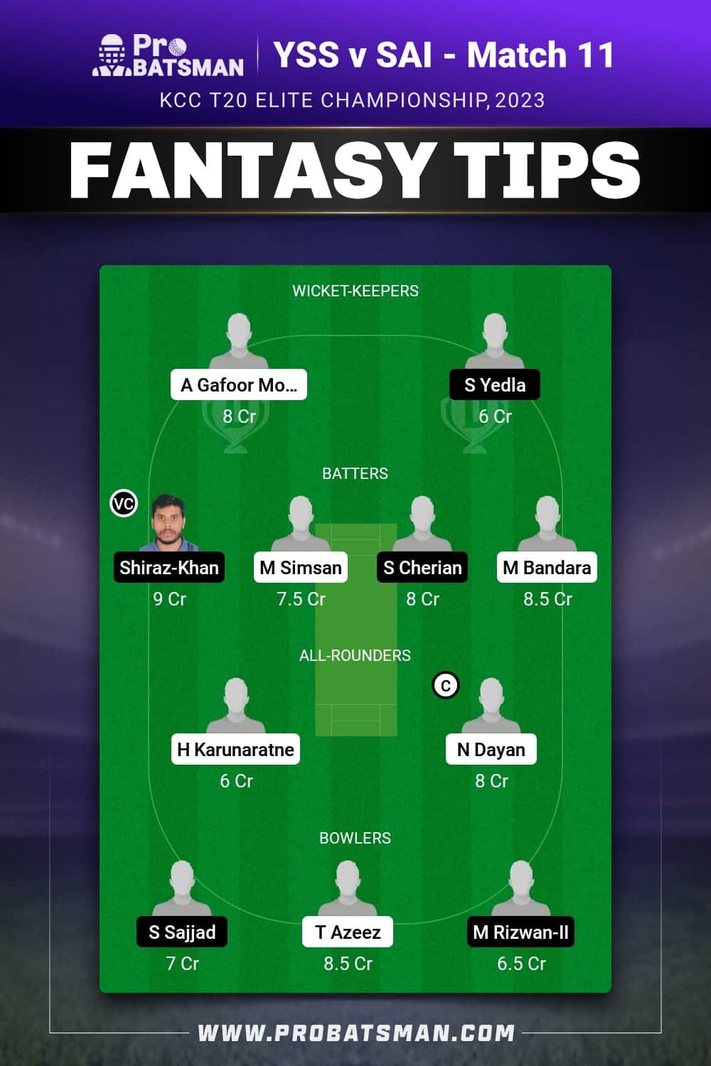 YSS vs SAI Dream11 Prediction - Fantasy Team 1