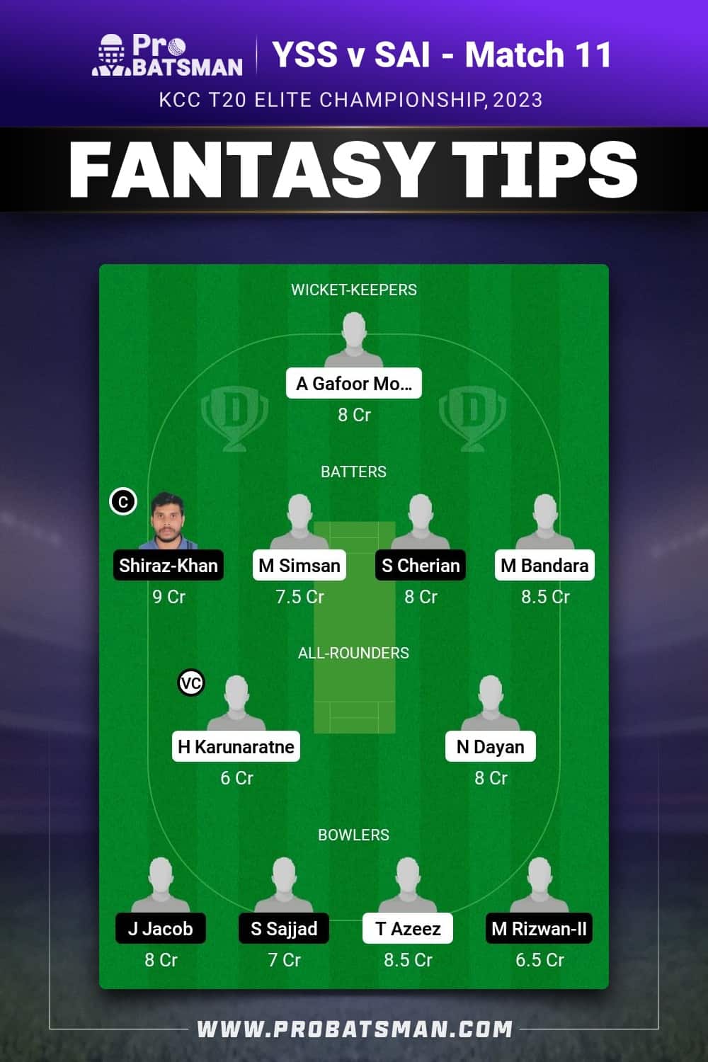 YSS vs SAI Dream11 Prediction - Fantasy Team 2