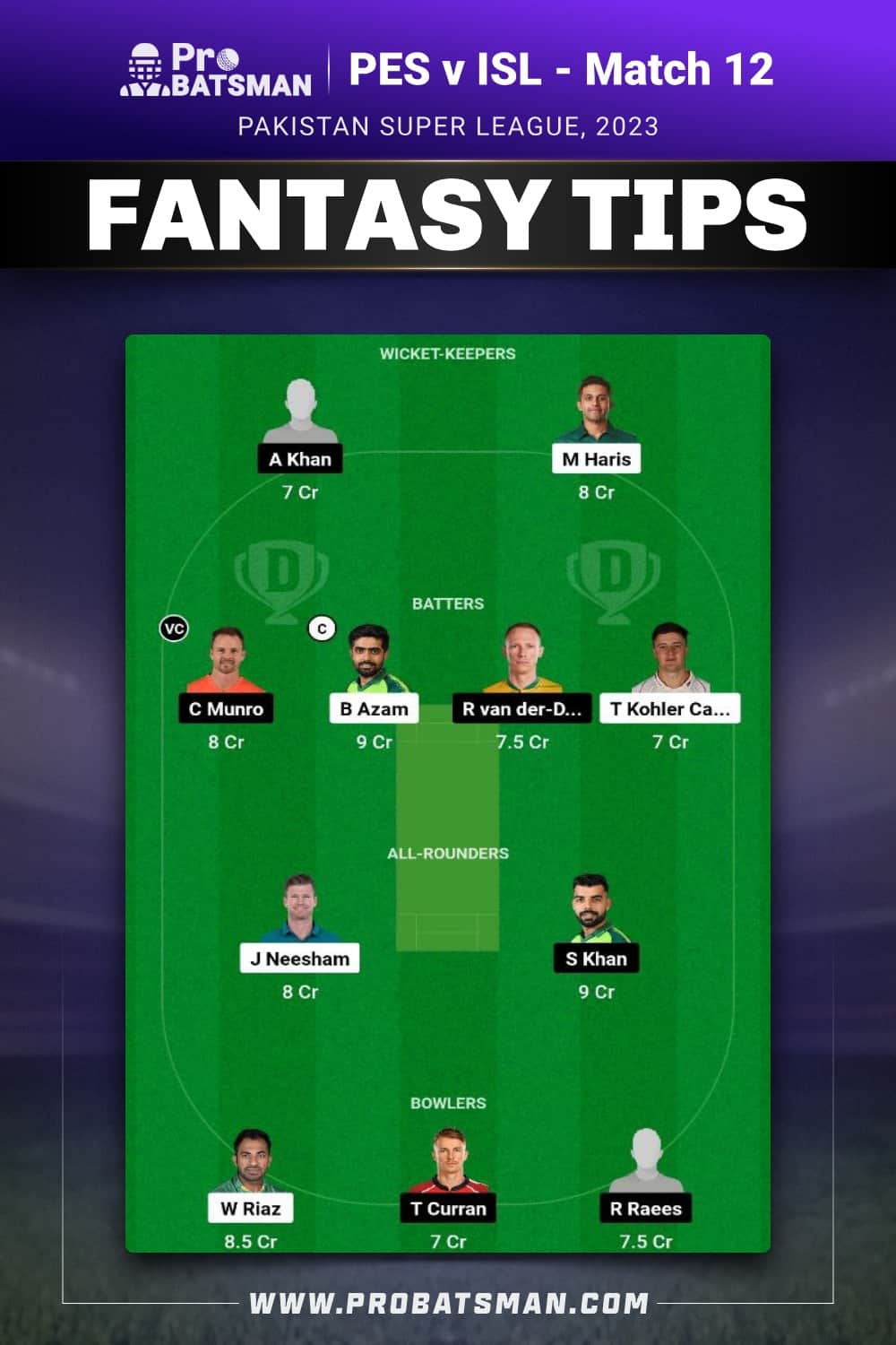 PES vs ISL Dream11 Prediction - Fantasy Team 1