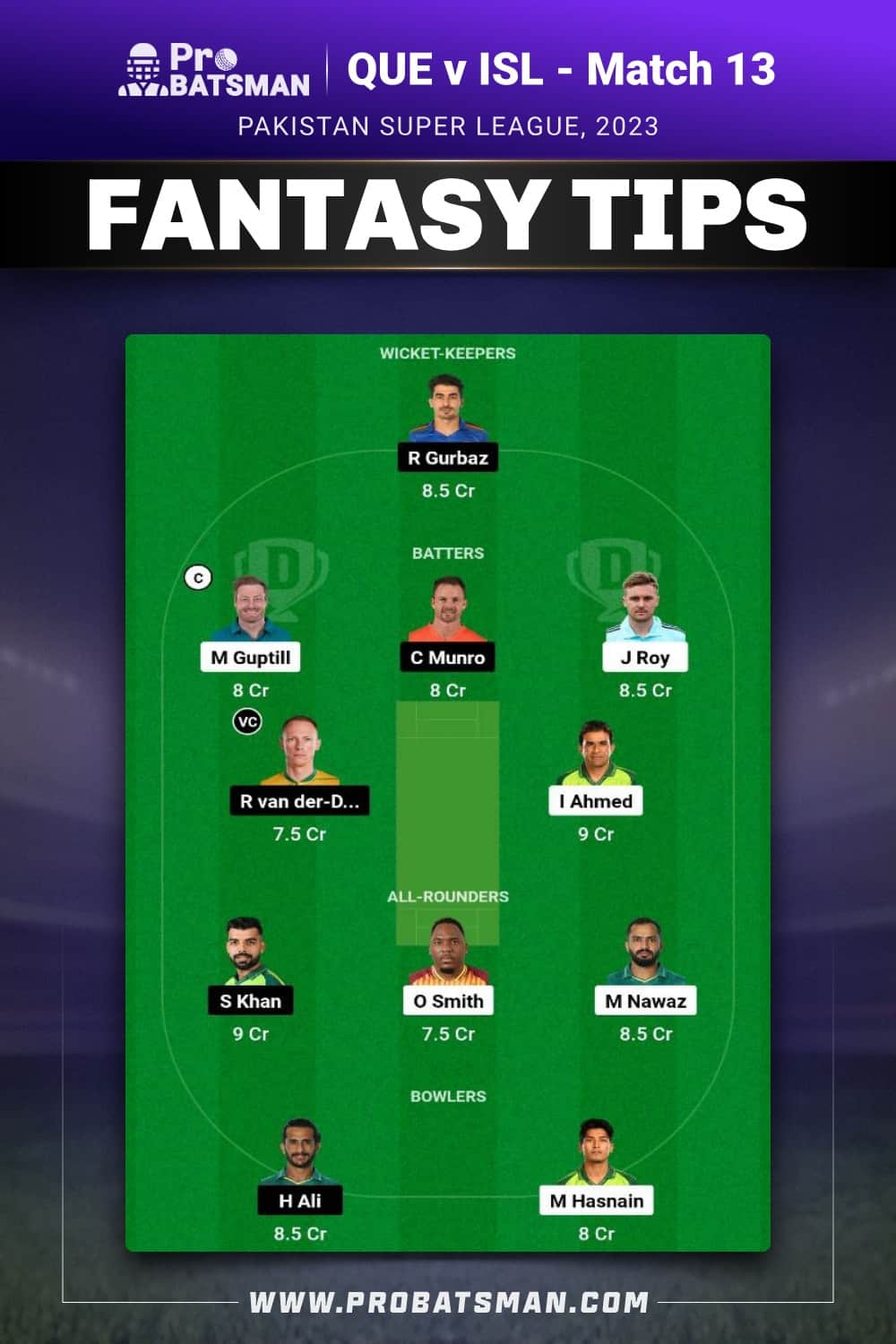 QUE vs ISL Dream11 Prediction - Fantasy Team 1