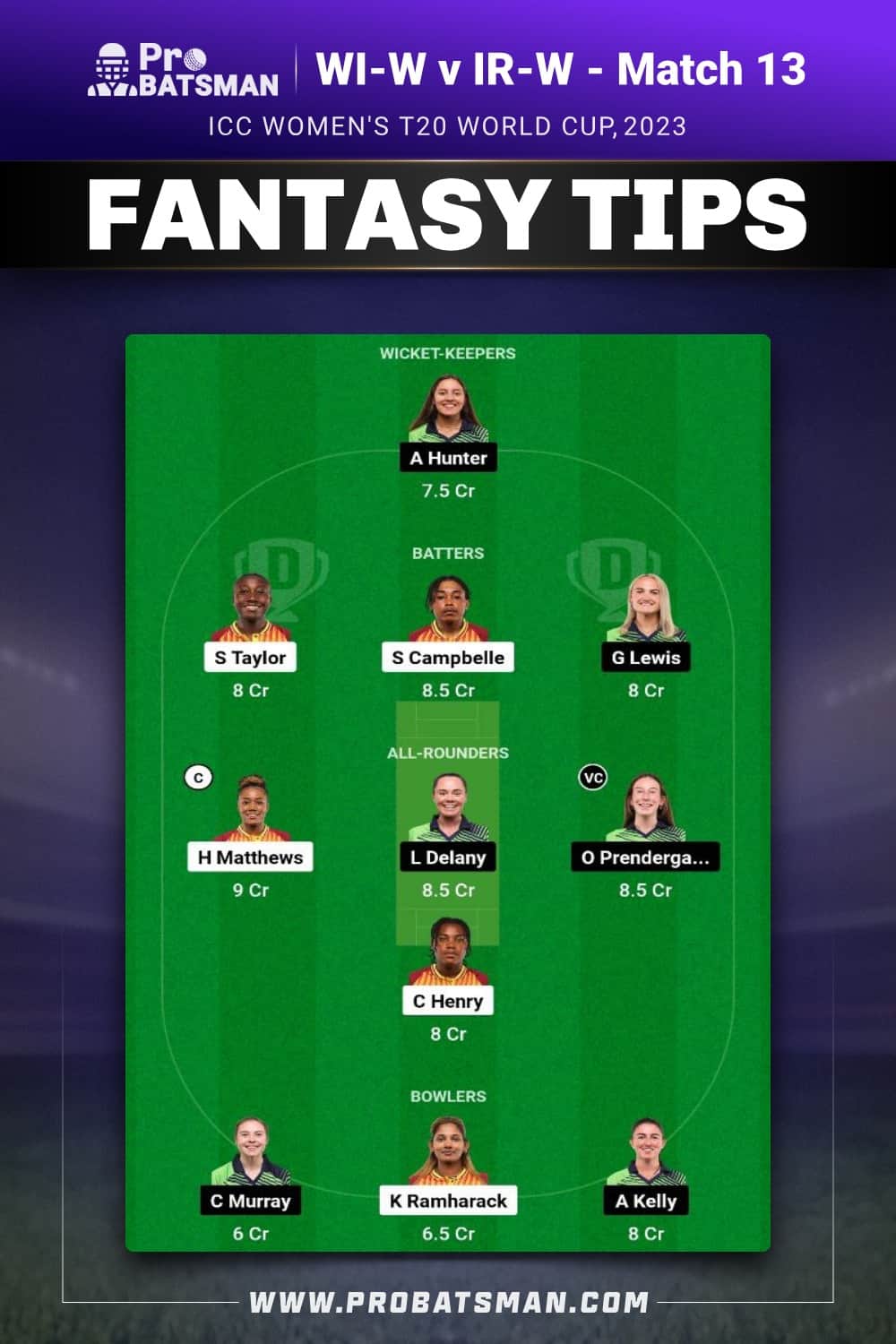 WI-W vs IR-W Dream11 Prediction - Fantasy Team 1