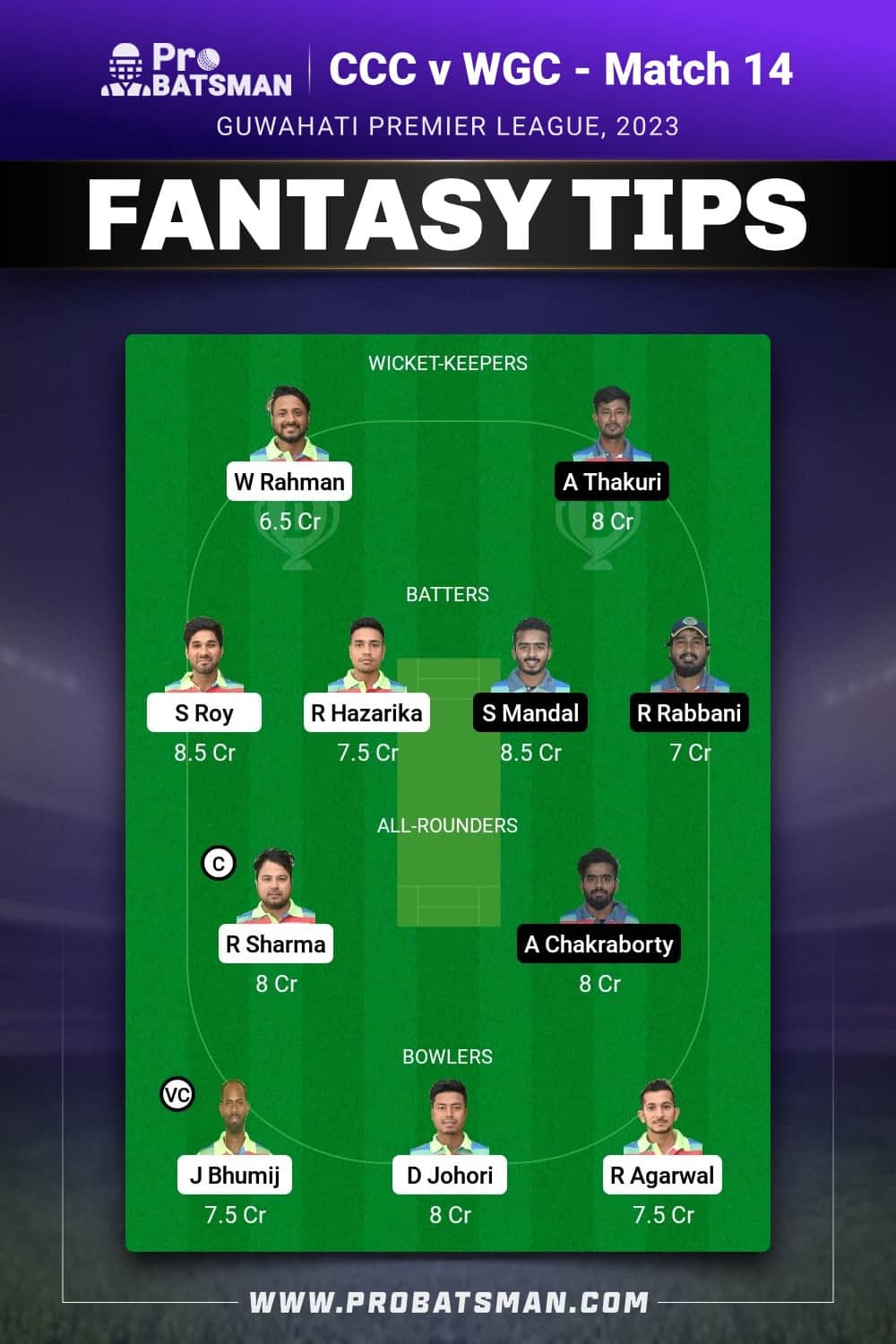 CCC vs WGC Dream11 Prediction - Fantasy Team 1