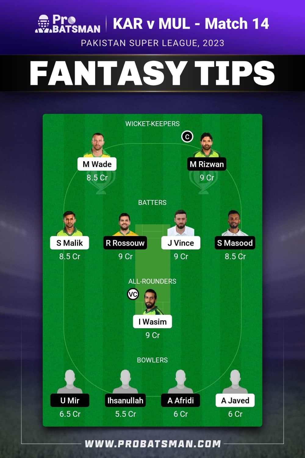 KAR vs MUL Dream11 Prediction - Fantasy Team 1