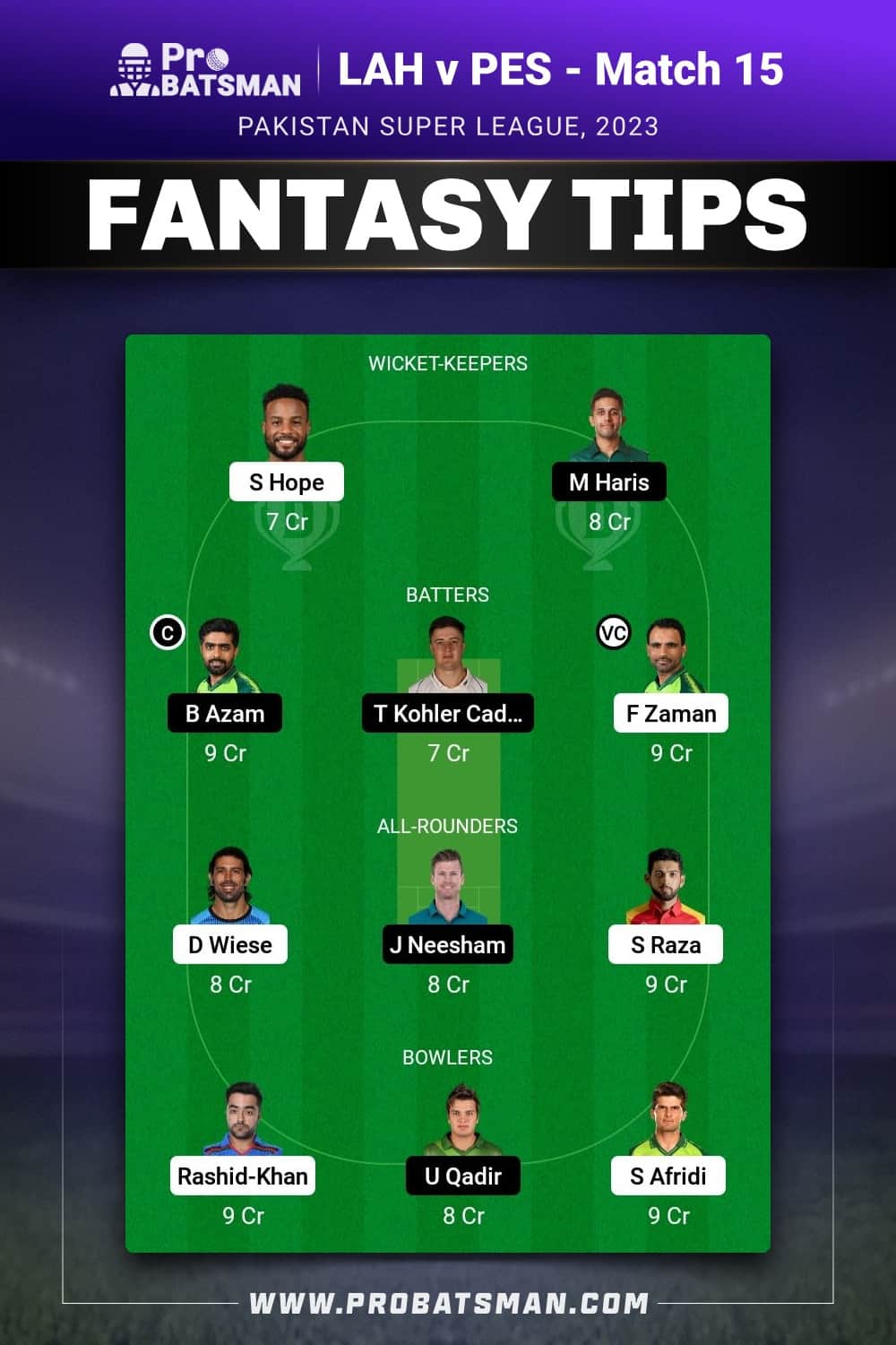 LAH vs PES Dream11 Prediction - Fantasy Team 1