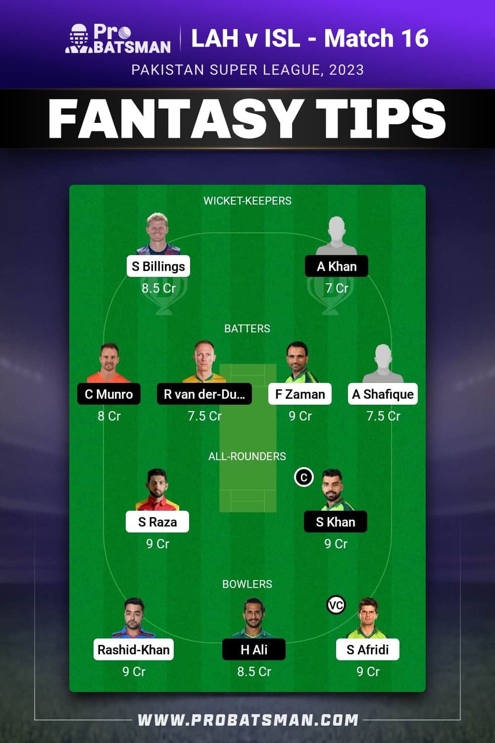 LAH vs ISL Dream11 Prediction - Fantasy Team 2