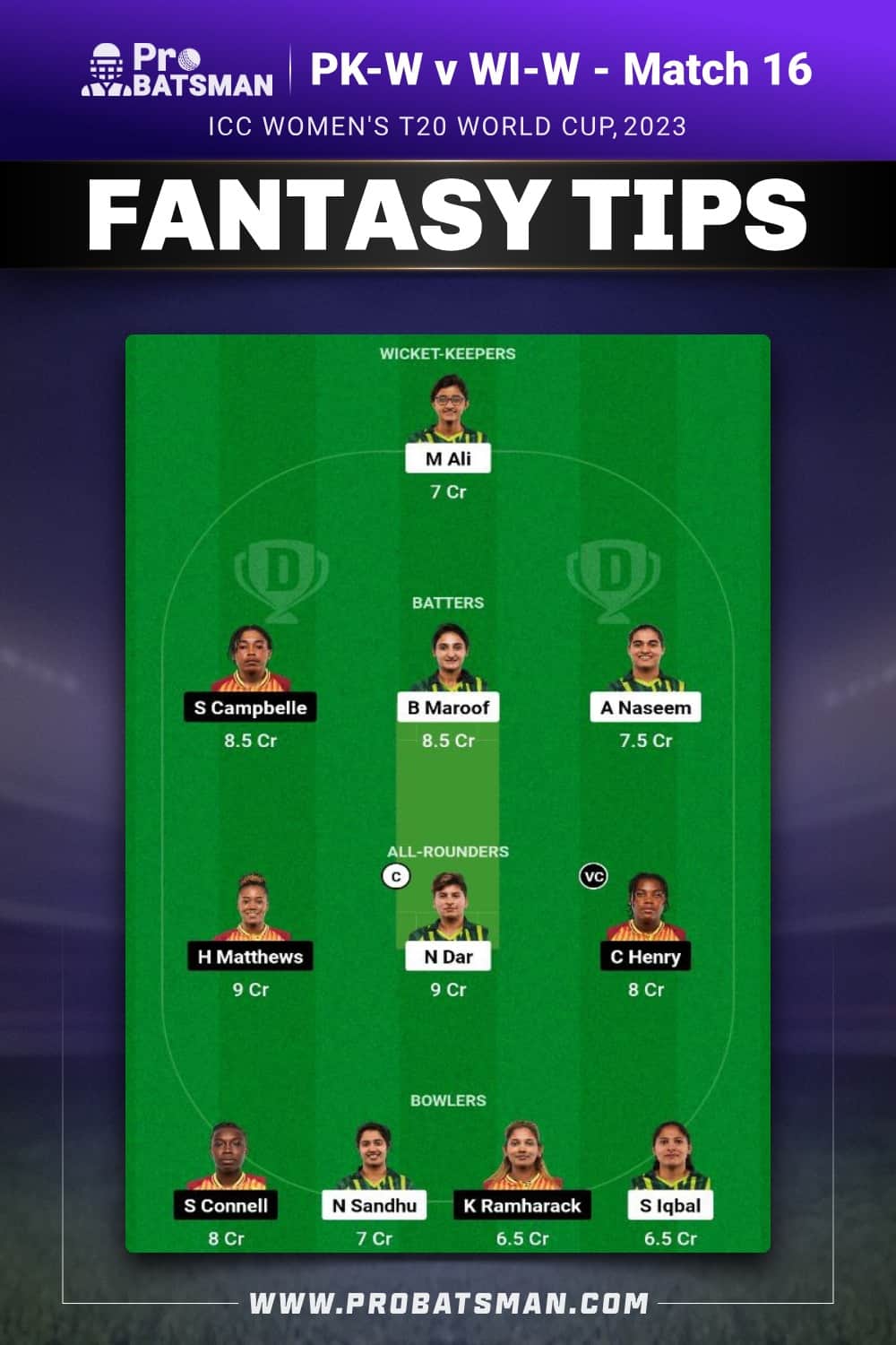 PK-W vs WI-W Dream11 Prediction - Fantasy Team 1