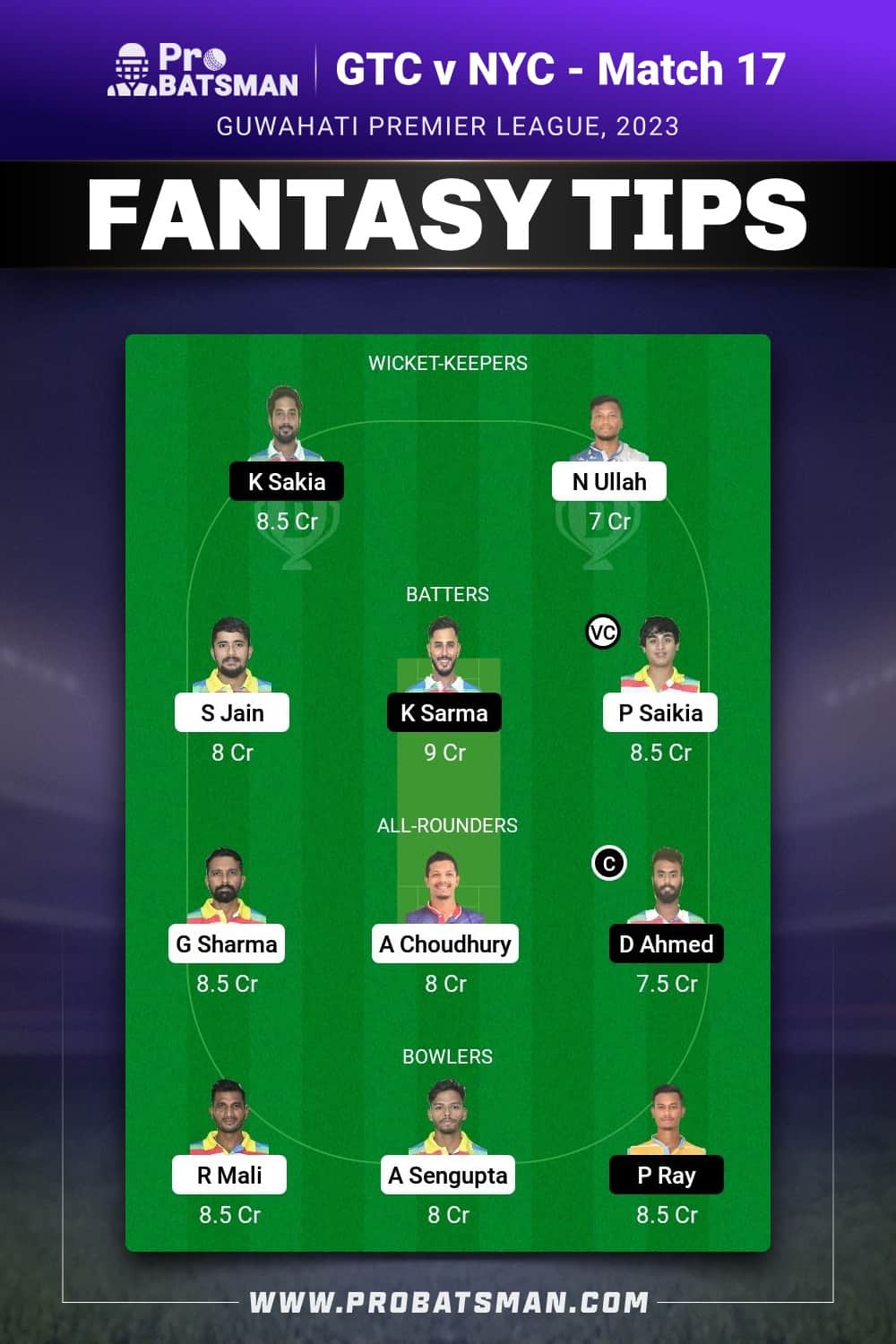 GTC vs NYC Dream11 Prediction - Fantasy Team 2