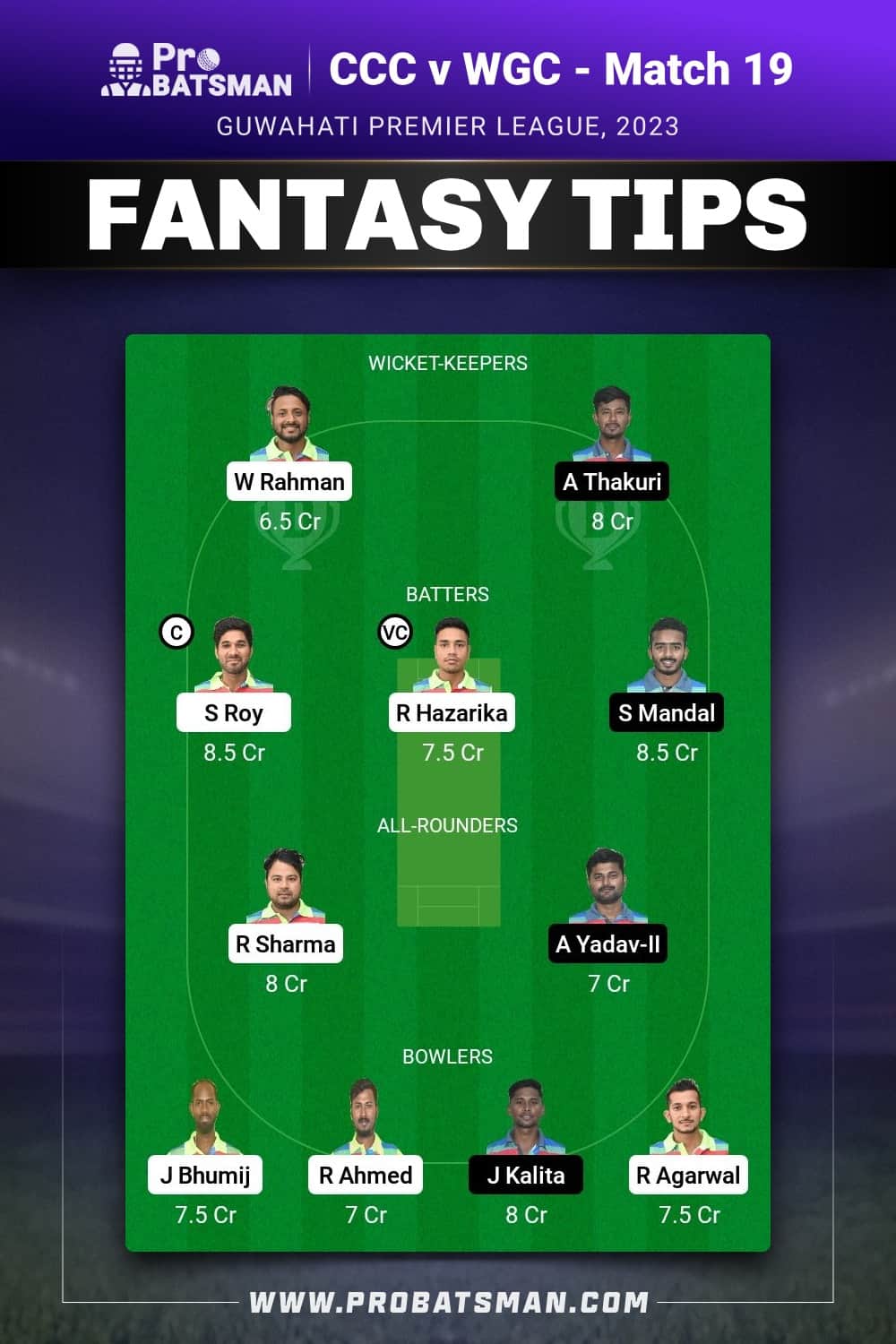 CCC vs WGC Dream11 Prediction - Fantasy Team 1