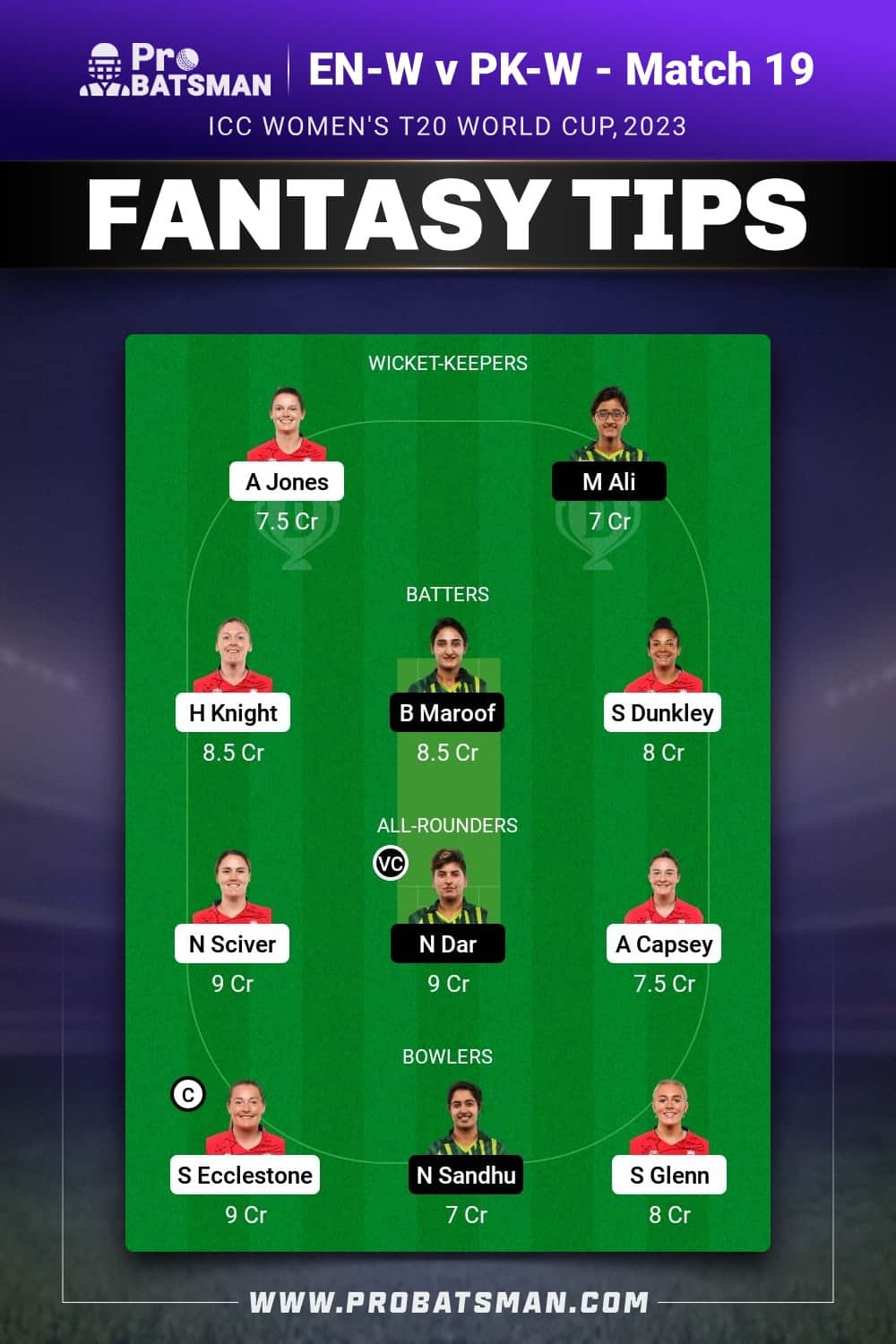 EN-W vs PK-W Dream11 Prediction - Fantasy Team 1