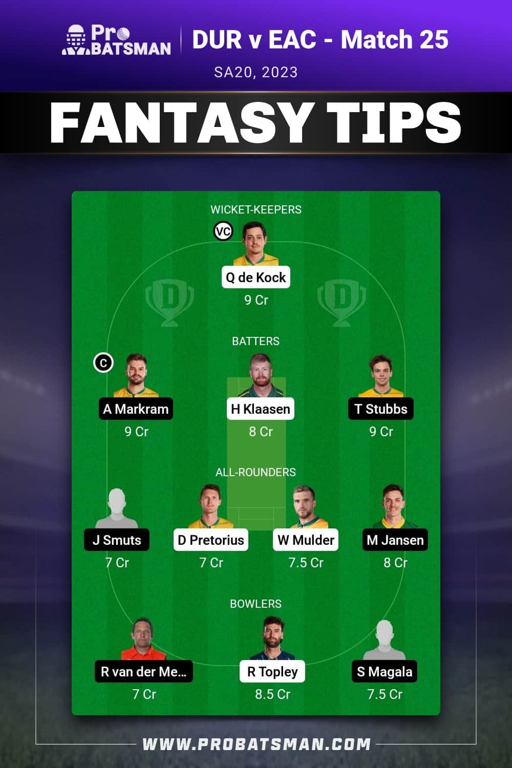 DUR vs EAC Dream11 Prediction - Fantasy Team 1