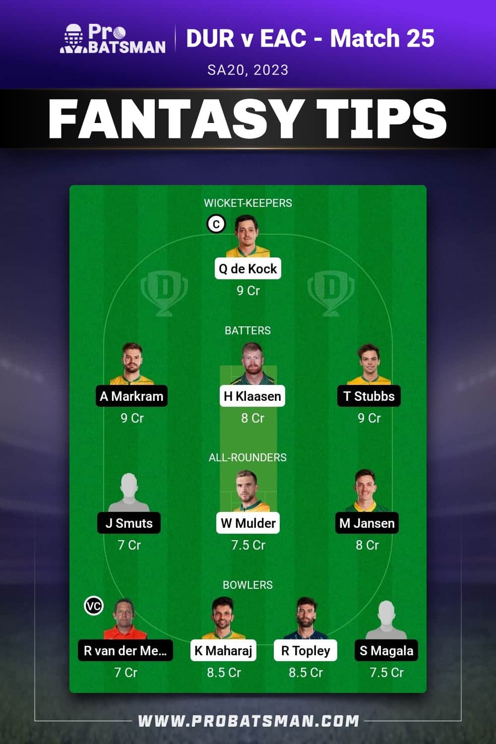 DUR vs EAC Dream11 Prediction - Fantasy Team 2