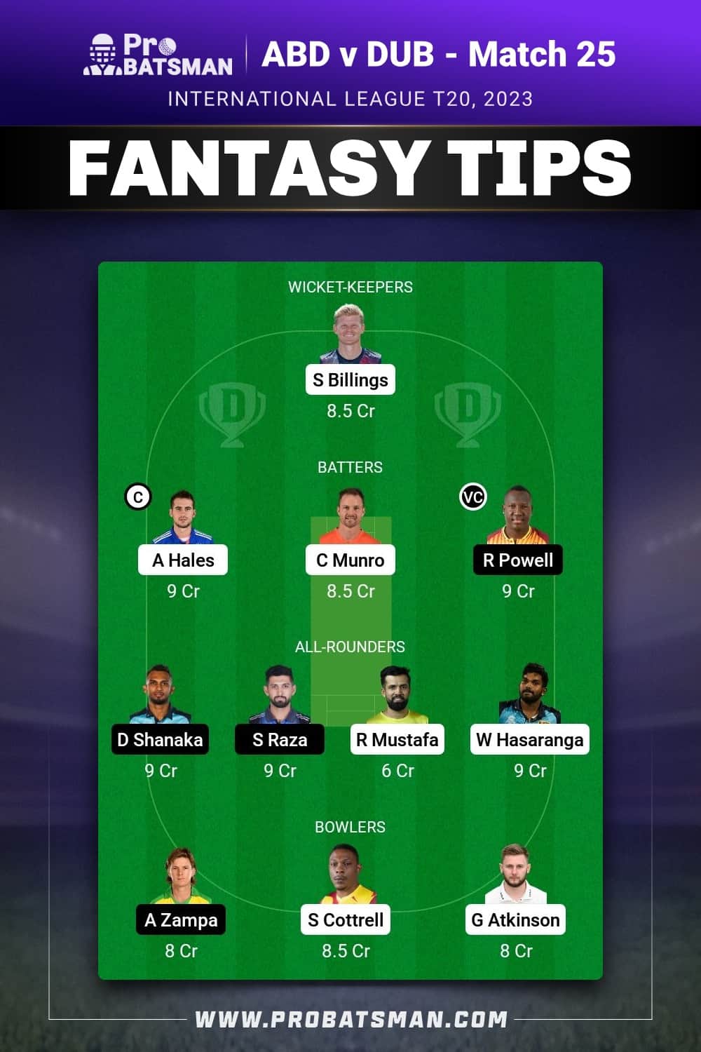 VIP vs DUB Dream11 Prediction - Fantasy Team 1