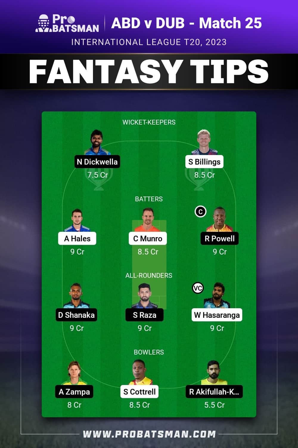 VIP vs DUB Dream11 Prediction - Fantasy Team 2