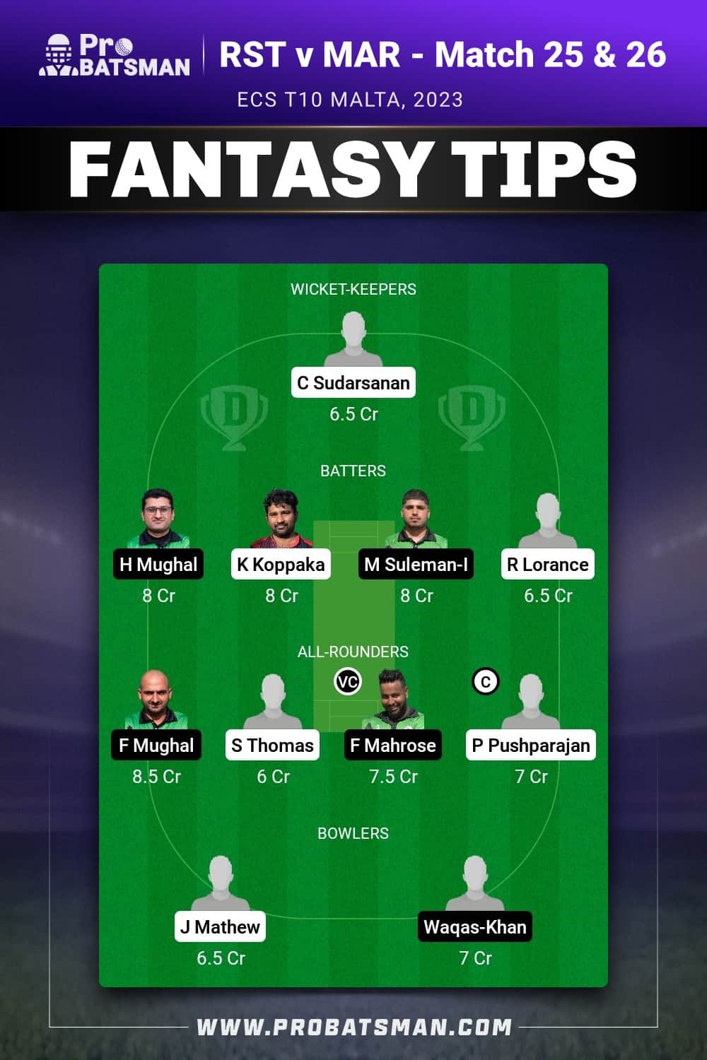 RST vs MAR Dream11 Prediction - Fantasy Team 1