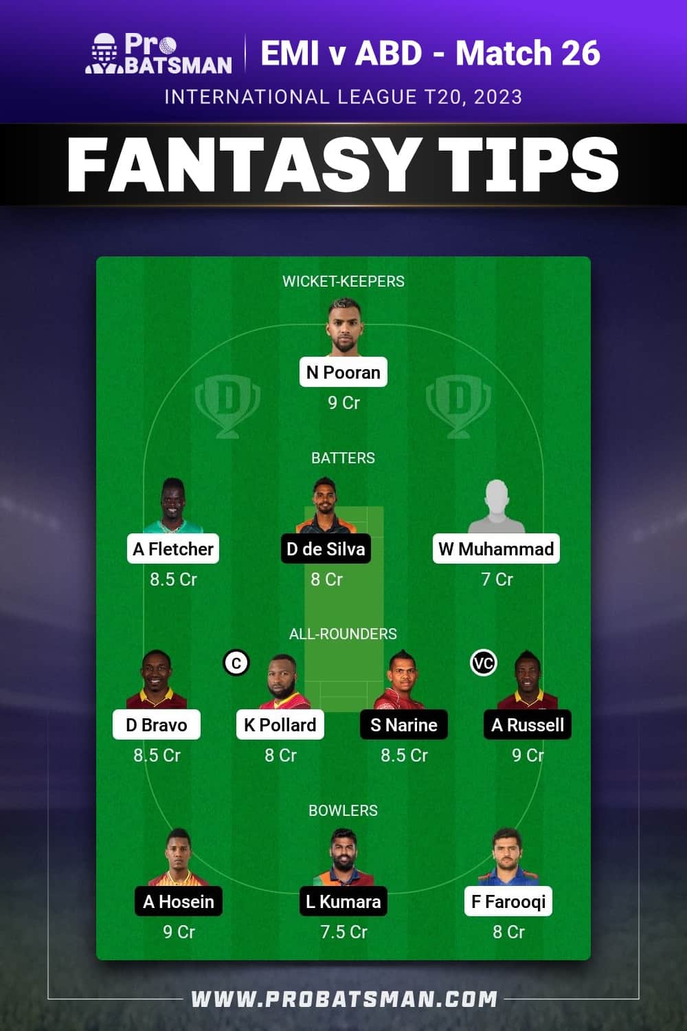 EMI vs ABD Dream11 Prediction - Fantasy Team 1