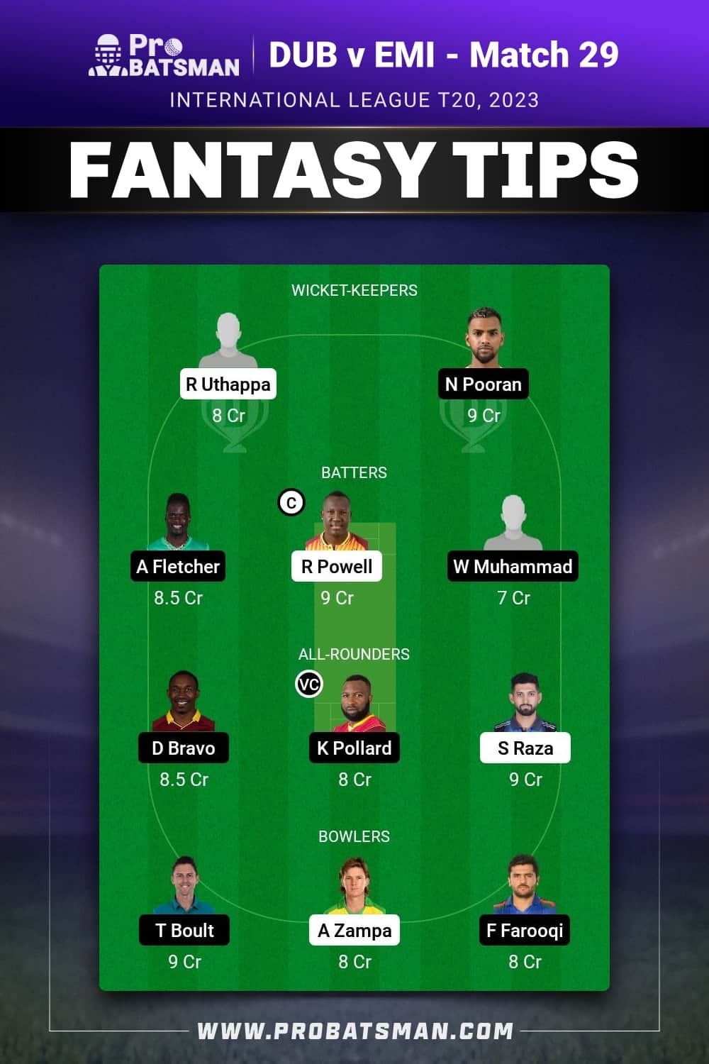 DUB vs EMI Dream11 Prediction - Fantasy Team 1