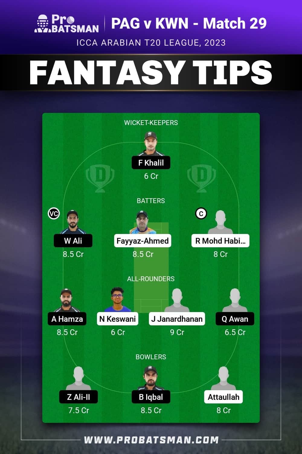 PAG vs KWN Dream11 Prediction - Fantasy Team 1