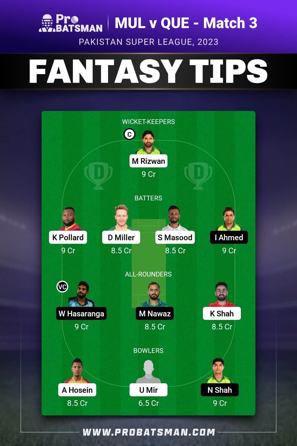 MUL vs QUE Dream11 Prediction - Fantasy Team 1