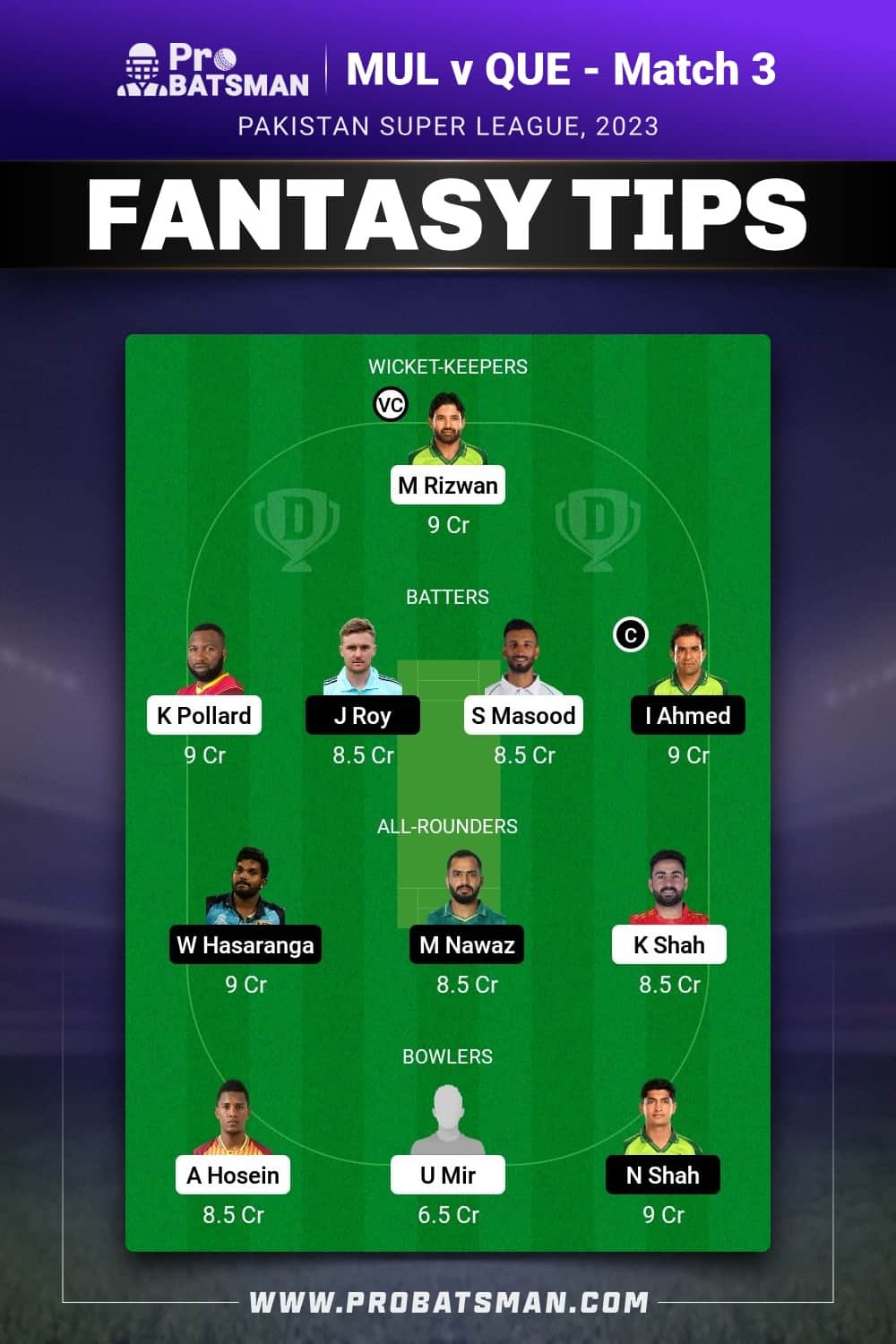 MUL vs QUE Dream11 Prediction - Fantasy Team 2