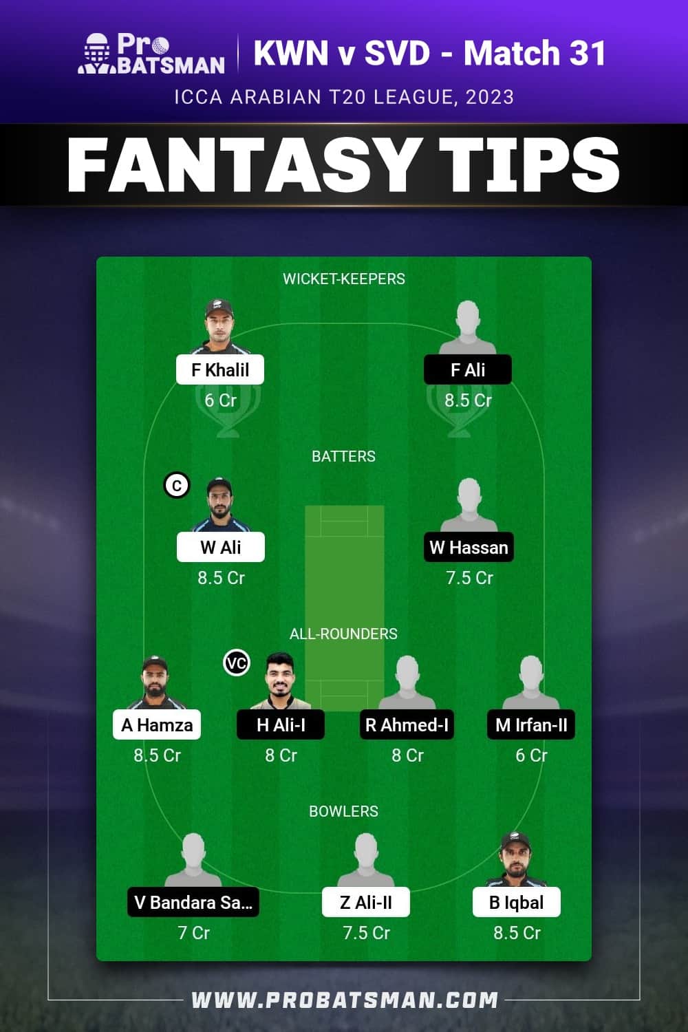 KWN vs SVD Dream11 Prediction - Fantasy Team 1