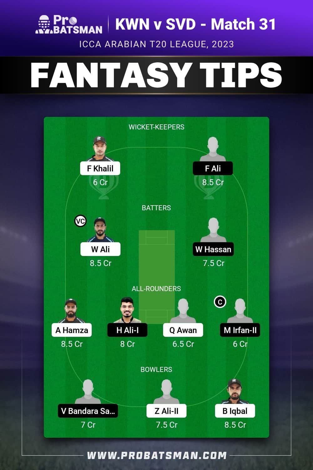 KWN vs SVD Dream11 Prediction - Fantasy Team 2