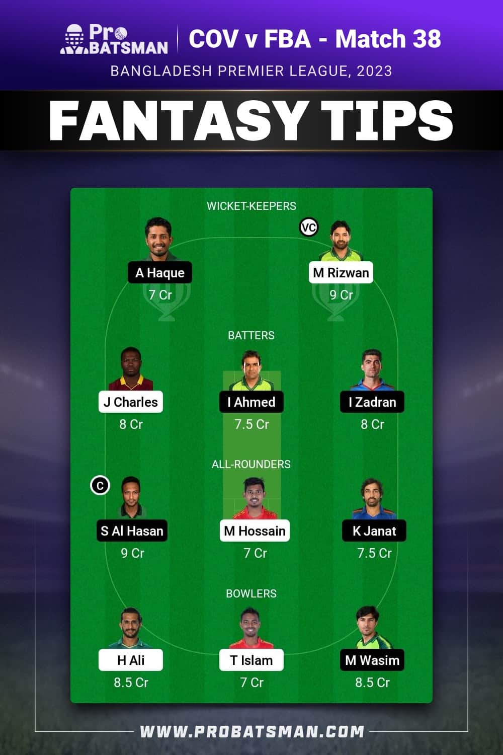 COV vs FBA Dream11 Prediction - Fantasy Team 1