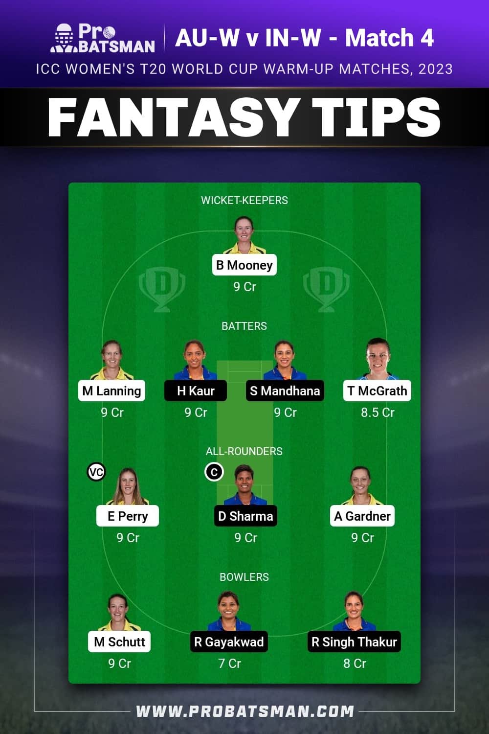 AU-W VS IN-W Dream11 Prediction - Fantasy Team 1 AU-W VS IN-W Dream11 Prediction - Fantasy Team 1