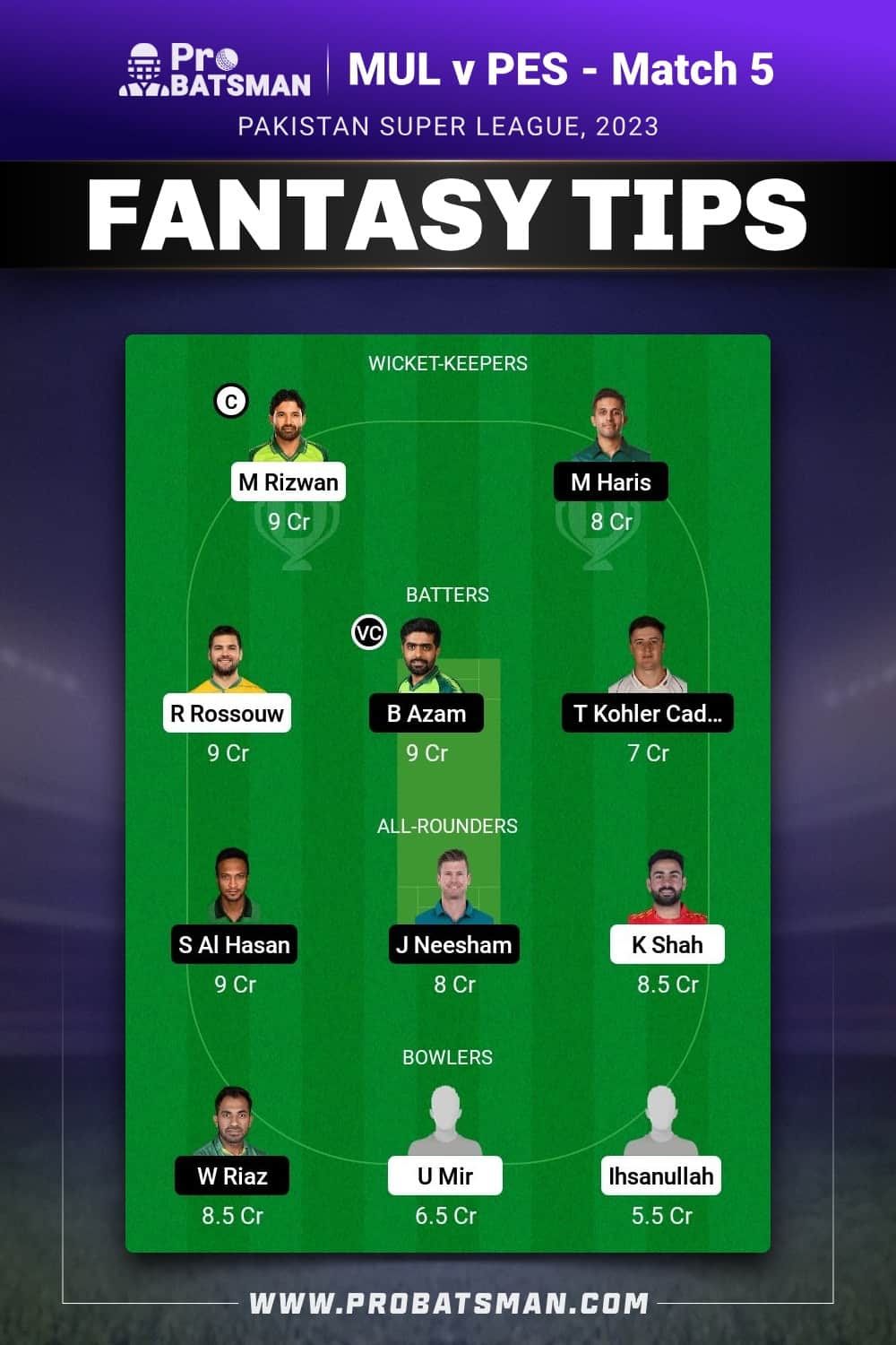 MUL vs PES Dream11 Prediction - Fantasy Team 1