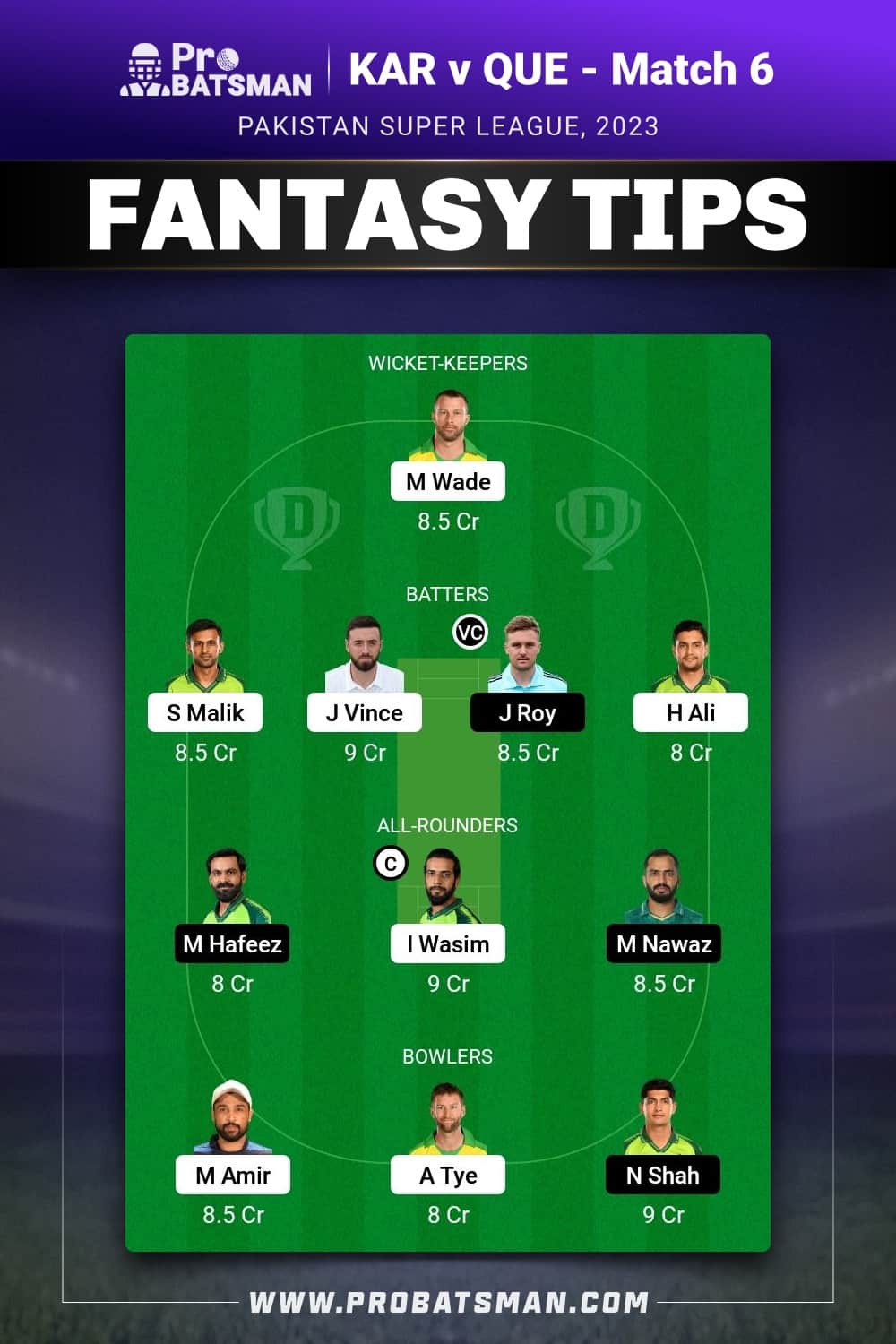 KAR vs QUE Dream11 Prediction - Fantasy Team 1