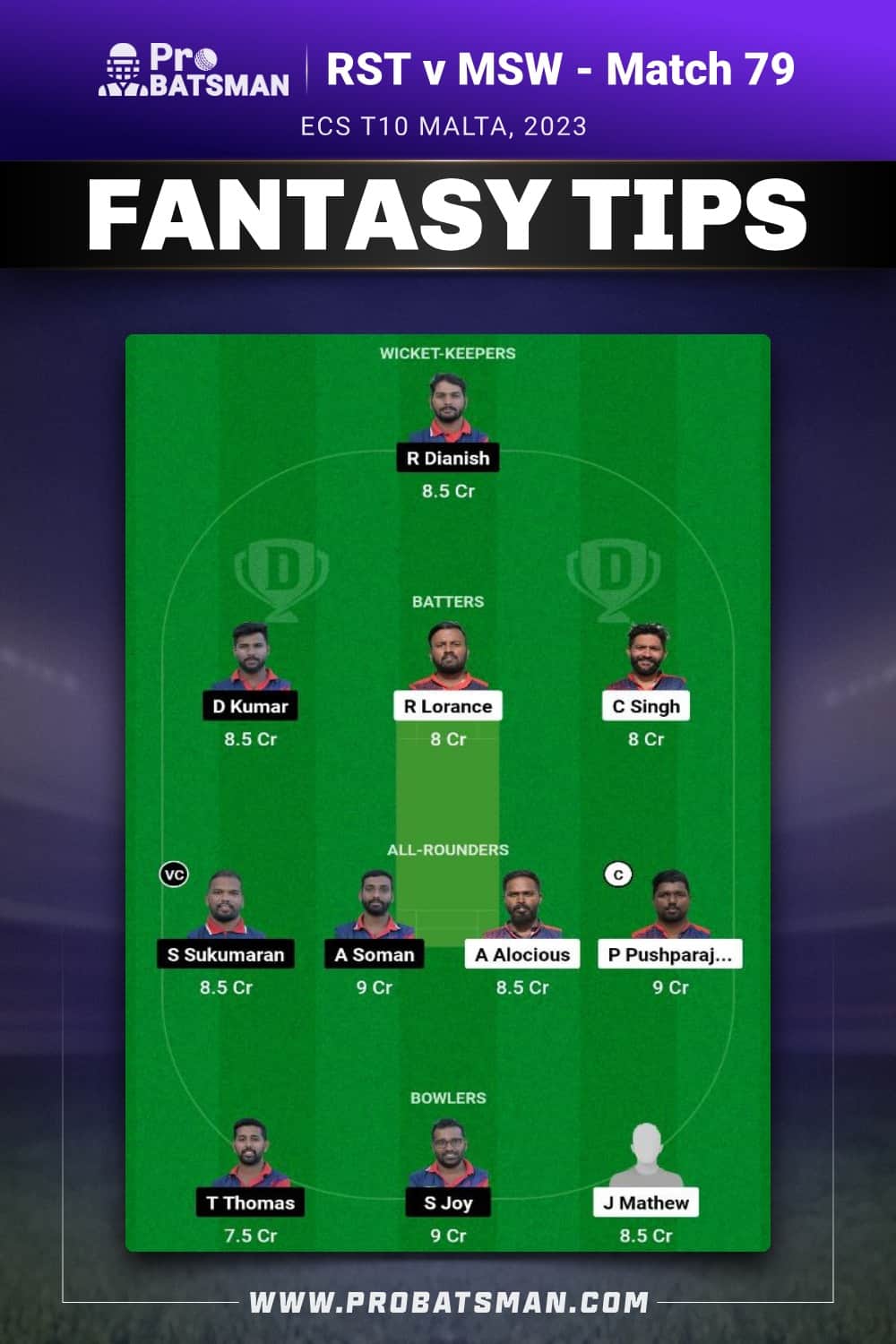 RST vs MSW Dream11 Prediction - Fantasy Team 1