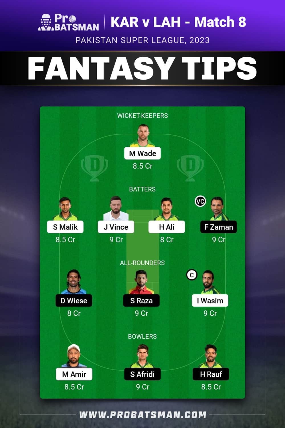 KAR vs LAH Dream11 Prediction - Fantasy Team 1