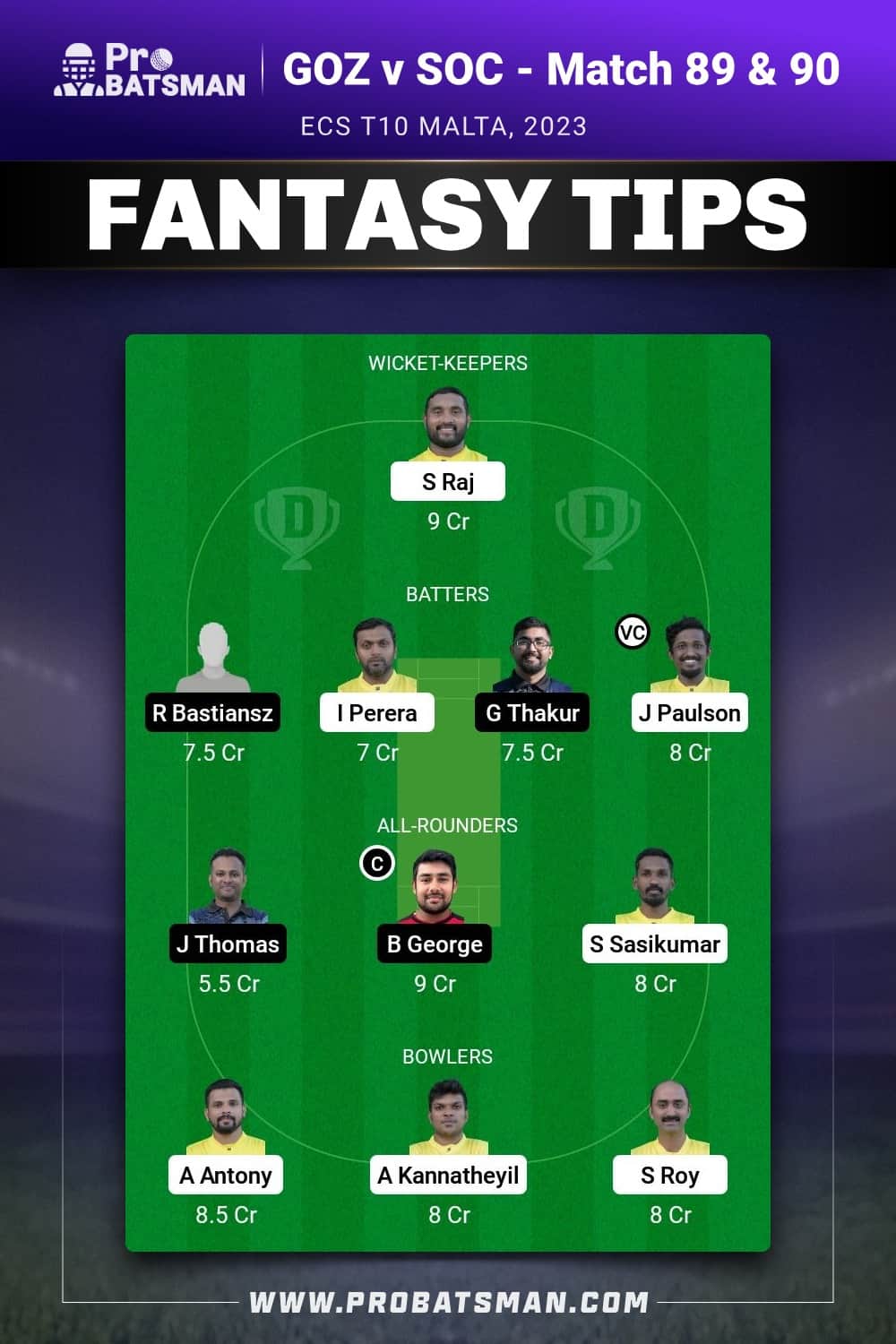 GOZ vs SOC Dream11 Prediction - Fantasy Team 1