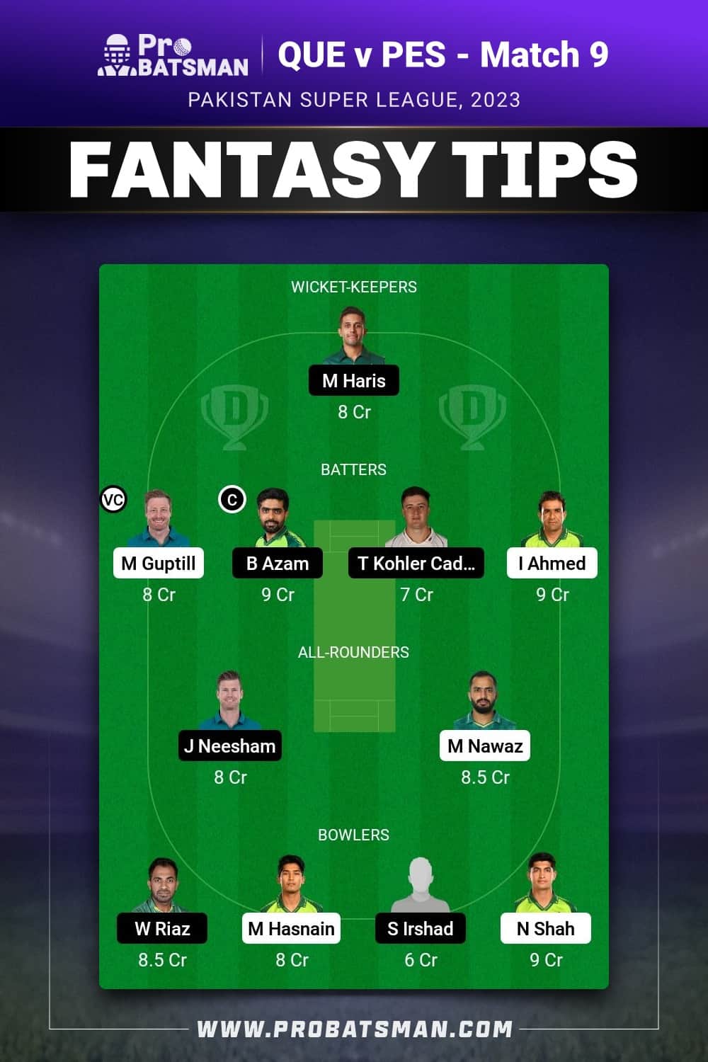 QUE vs PES Dream11 Prediction - Fantasy Team 1