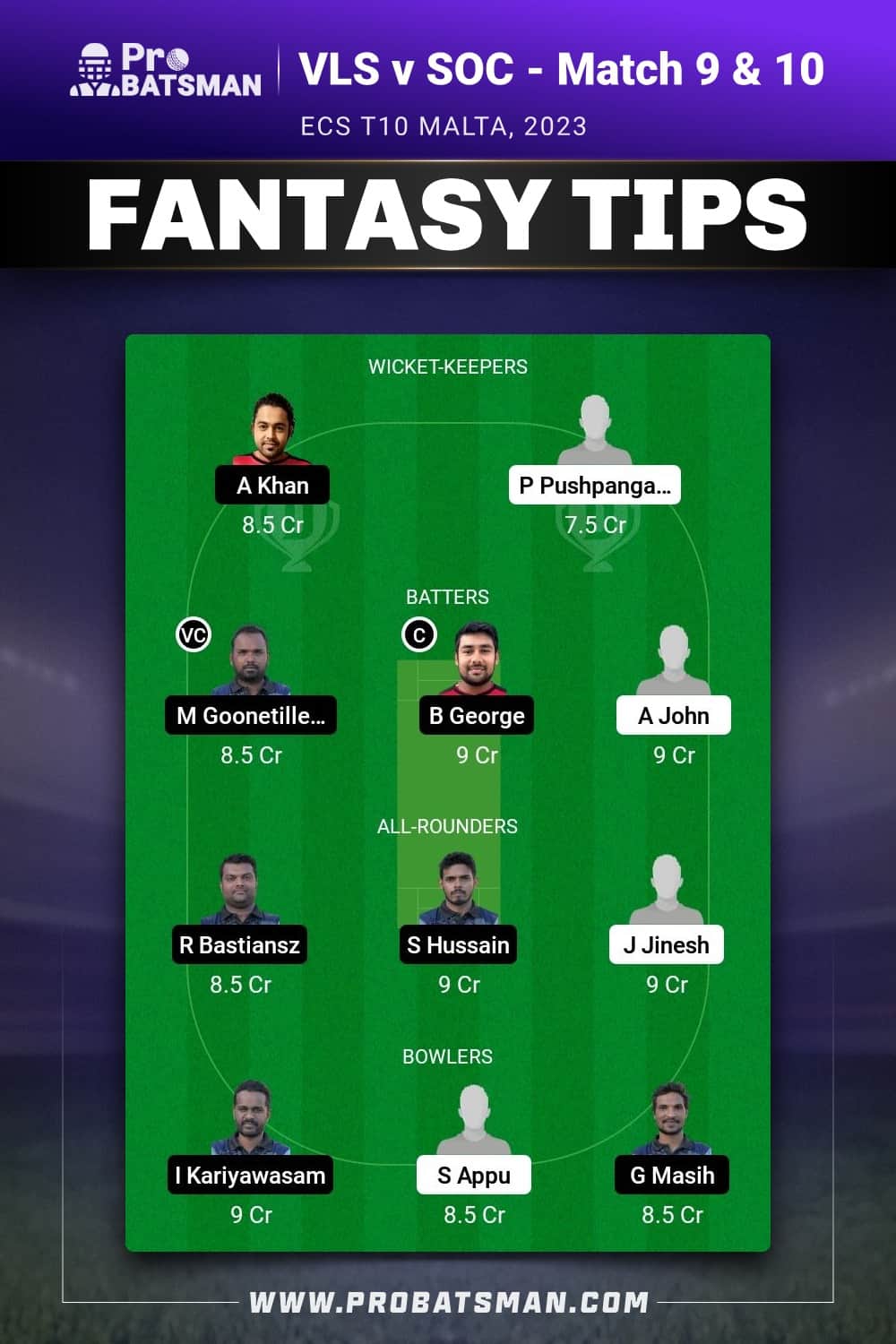 VLS vs SOC Dream11 Prediction - Fantasy Team 1