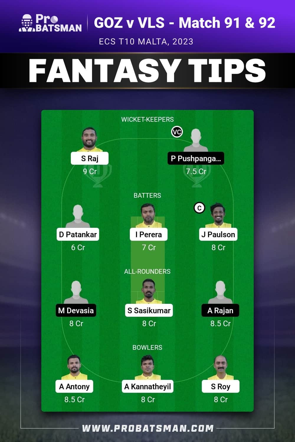 GOZ vs VLS Dream11 Prediction - Fantasy Team 2