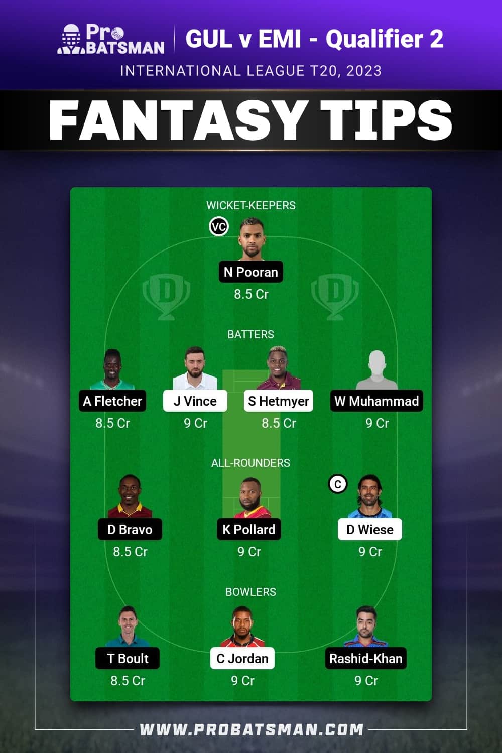 GUL vs EMI Dream11 Prediction - Fantasy Team 1