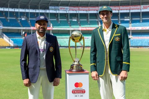 Rohit Sharma of India & Pat Cummins of Australia with Border Gavaskar Series trophy of Australia Tour of India 2023