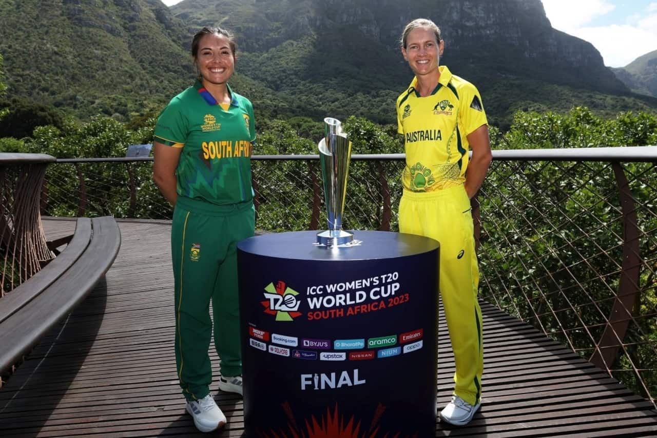 Sune Luus of South Africa and Meg Lanning of Australia with Trophy of ICC Women's T20 World Cup 2023