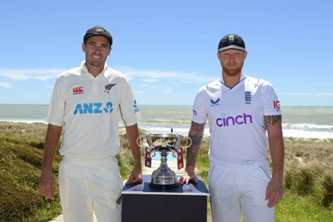 Tim Southee of New Zealand & Ben Stokes of England with series trophy of England Tour of New Zealand 2023