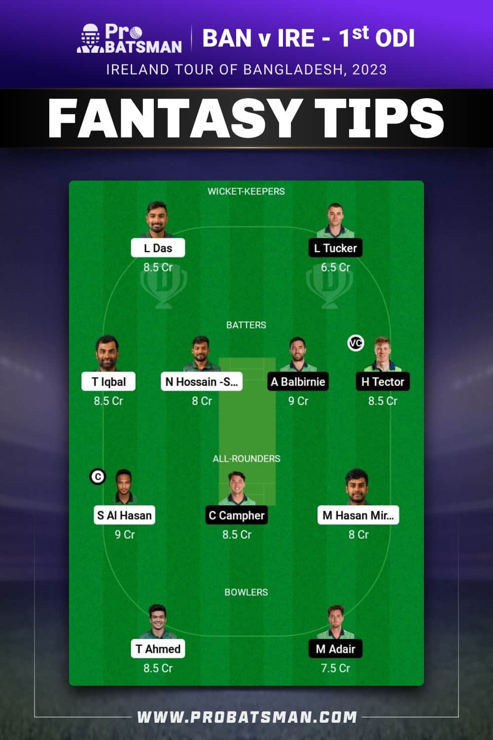 BAN vs IRE Dream11 Prediction - Fantasy Team 1