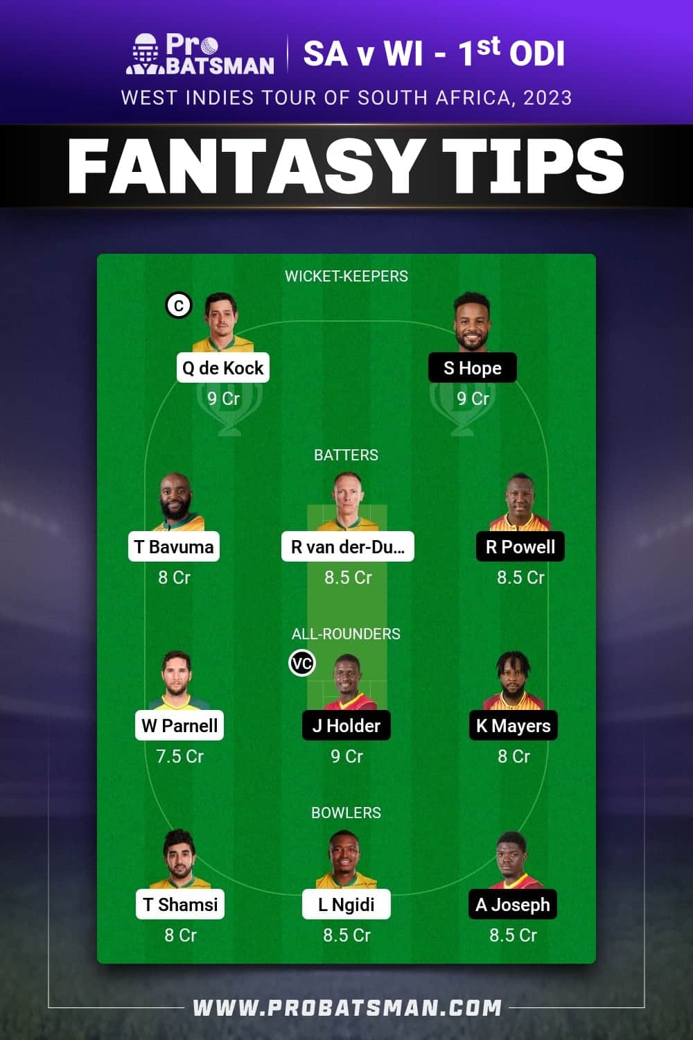 SA vs WI Dream11 Prediction - Fantasy Team 1 SA vs WI Dream11 Prediction - Fantasy Team 1