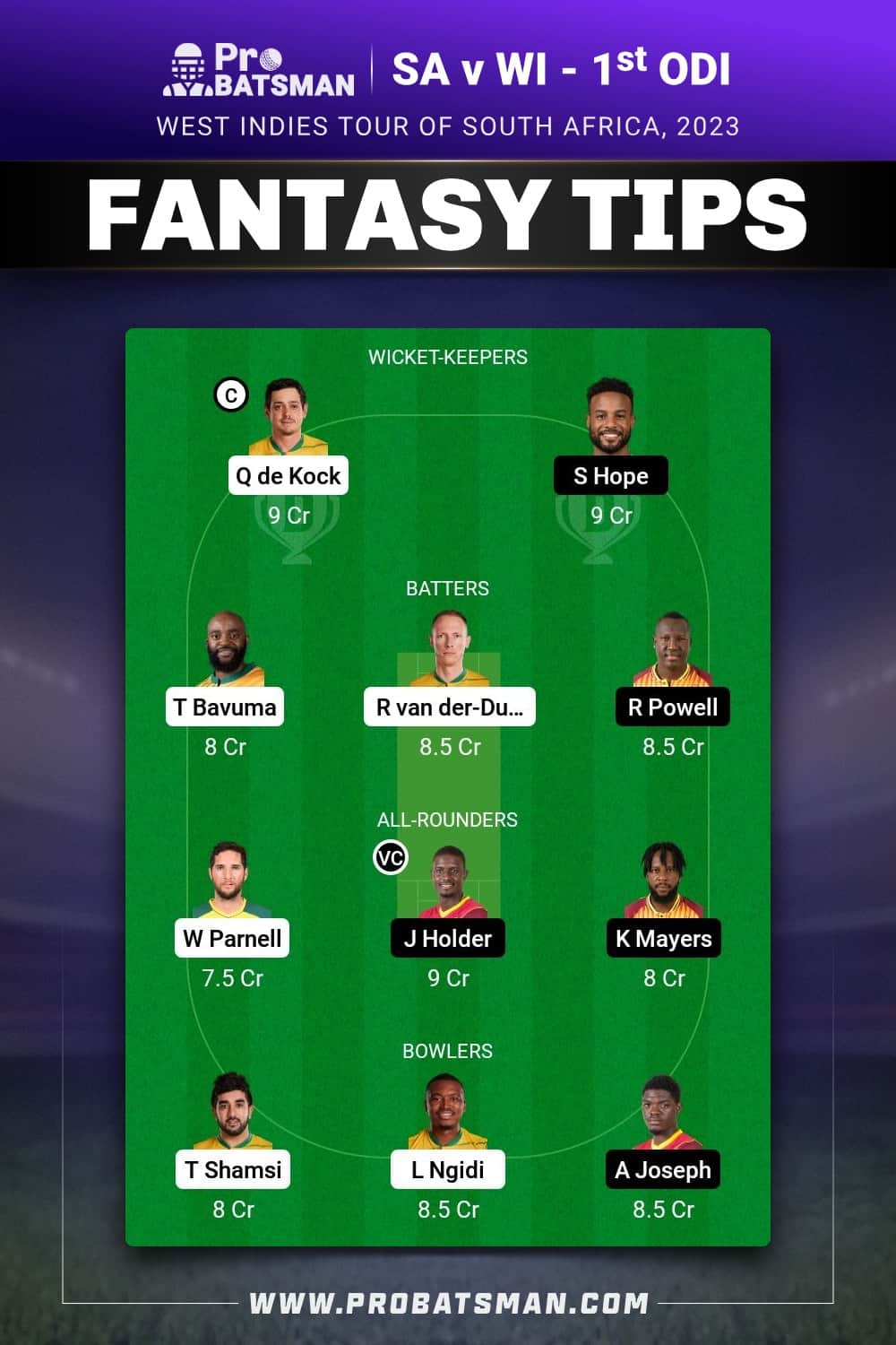 SA vs WI Dream11 Prediction - Fantasy Team 1